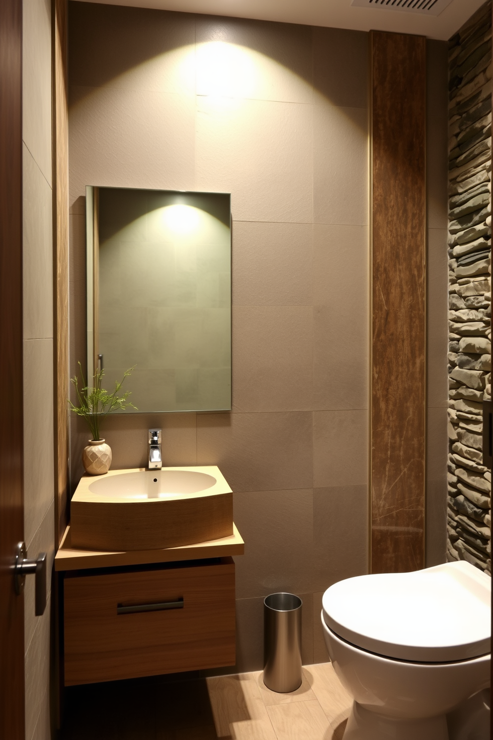 A serene powder room inspired by a Zen garden. Natural stone accents are integrated into the design, creating a calming atmosphere with soft lighting. The walls are adorned with textured panels that mimic bamboo, while a minimalist wooden vanity complements the space. A small indoor fountain adds a soothing sound, enhancing the tranquil ambiance.