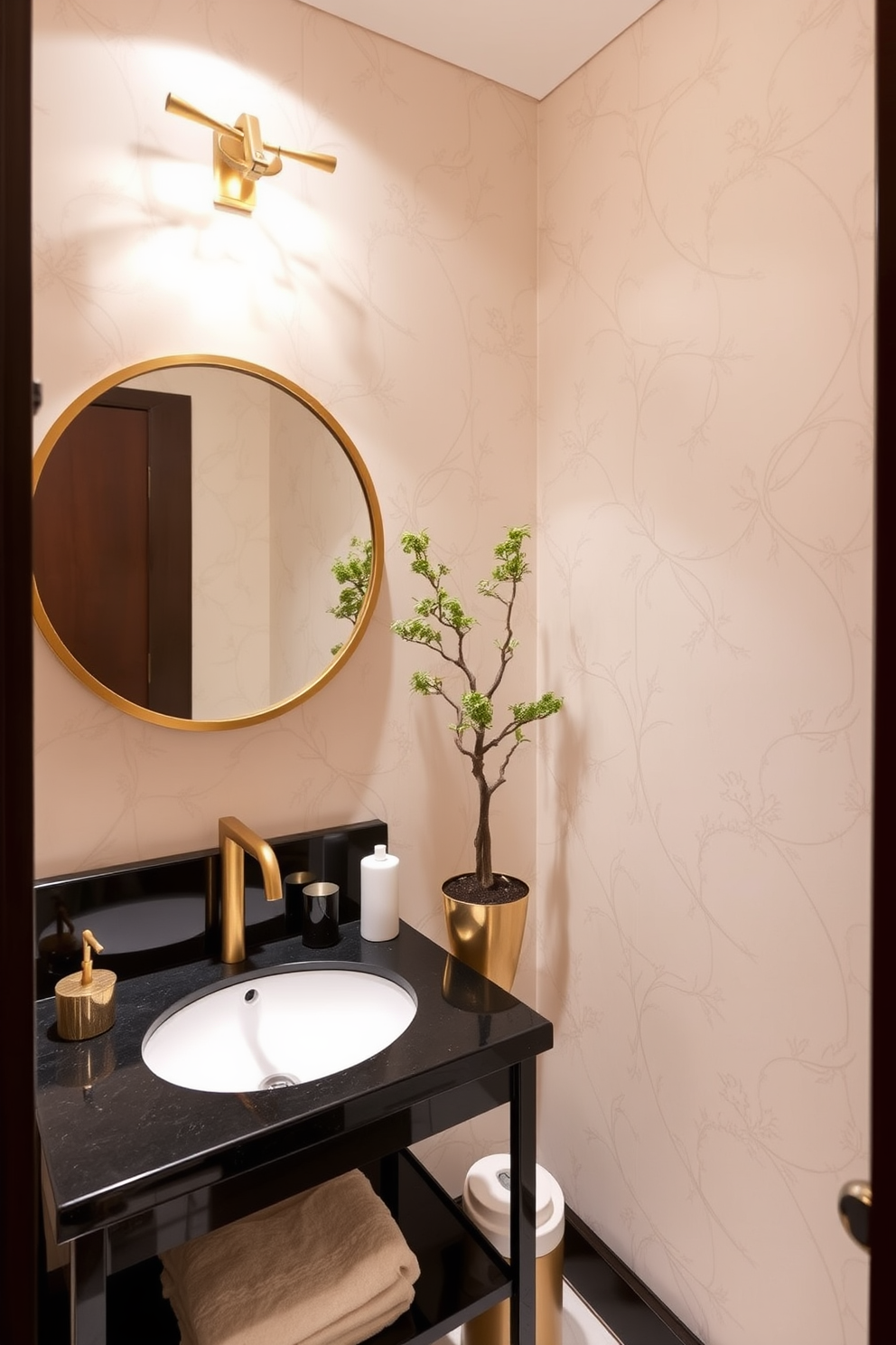 A serene Asian powder room characterized by subtle gold accents that enhance the luxurious atmosphere. The walls are adorned with delicate wallpaper featuring a soft floral pattern, while a sleek black vanity with a gold faucet sits beneath a round mirror framed in gold. Soft lighting illuminates the space, creating a warm and inviting ambiance. A small potted bonsai tree adds a touch of nature, and elegant accessories in gold and white complete the sophisticated look.