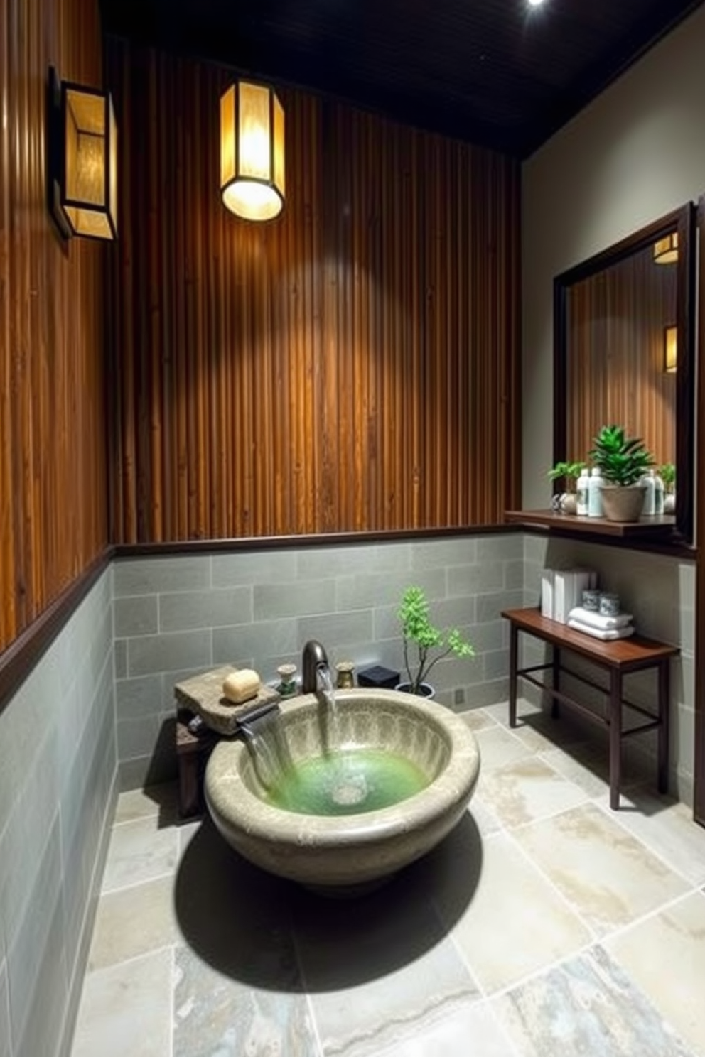 A serene Asian-inspired powder room features a small water feature that gently trickles water into a stone basin. The walls are adorned with bamboo panels, and delicate lanterns provide soft, ambient lighting. The floor is covered with natural stone tiles, creating a harmonious connection to nature. A minimalist wooden shelf holds neatly arranged toiletries and a small potted plant, enhancing the tranquil atmosphere.