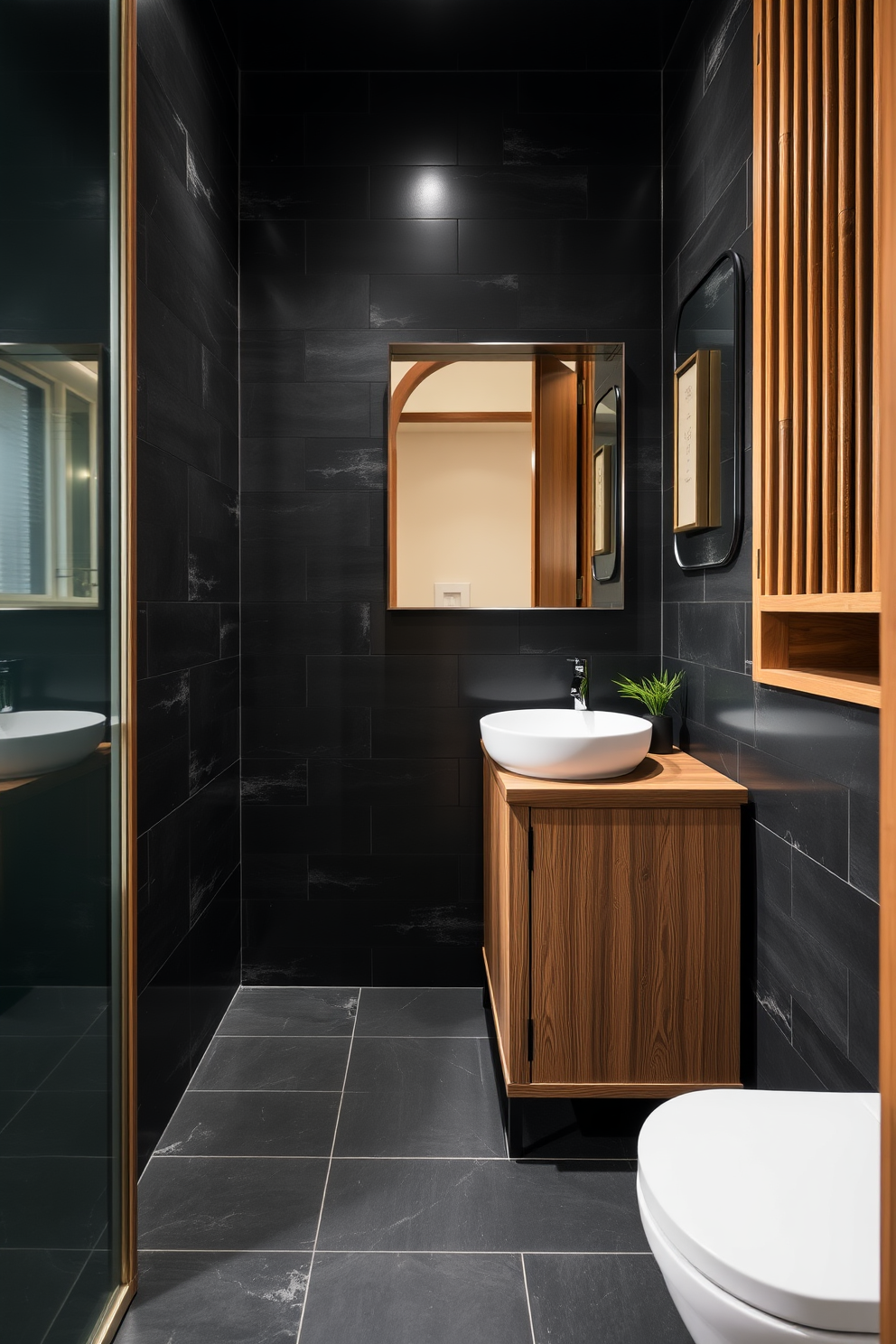 A modern Asian powder room featuring dark slate tiles that create a sleek and sophisticated atmosphere. The walls are adorned with bamboo accents, and a minimalist wooden vanity complements the overall design.