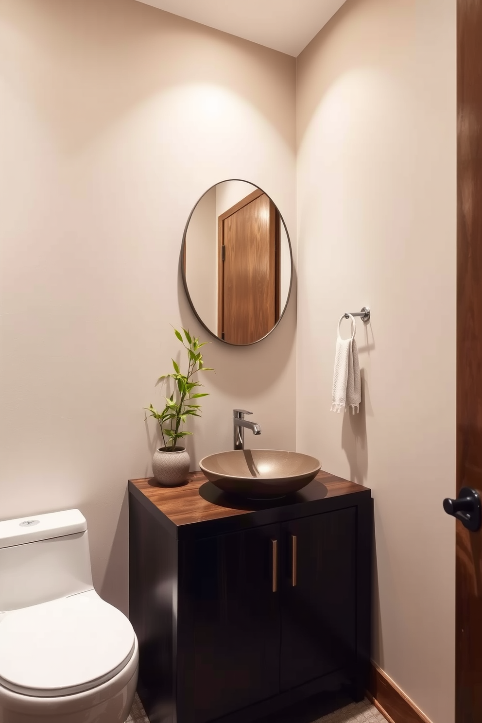 A serene Asian powder room featuring minimalist design elements. The space is adorned with simple greenery, including a small bamboo plant in a decorative pot, adding a refreshing touch to the overall aesthetic. Soft lighting enhances the natural wood accents throughout the room. The walls are painted in a calming beige tone, complementing the dark wood vanity with a sleek vessel sink.