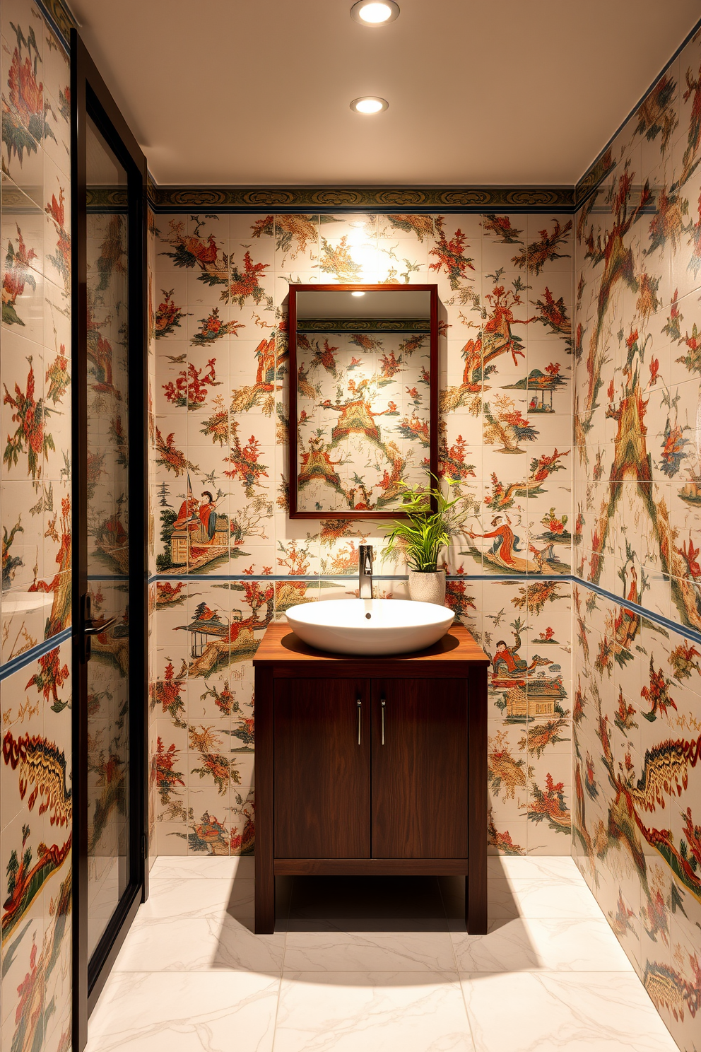 A serene Asian powder room featuring hand-painted tiles adorned with intricate Asian designs. The walls are lined with these beautiful tiles, creating a vibrant and cultural atmosphere. In the center, a sleek wooden vanity complements the tiles, topped with a smooth white sink. Soft lighting highlights the artistry of the tiles, while a small bamboo plant adds a touch of nature.