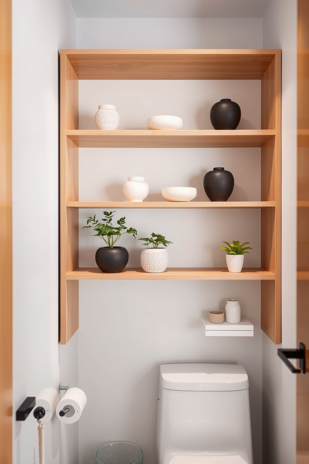 A serene Asian powder room featuring minimalist shelving adorned with carefully selected decorative elements. The shelves are made of light wood, displaying elegant ceramics and small potted plants, creating a harmonious balance of simplicity and style.