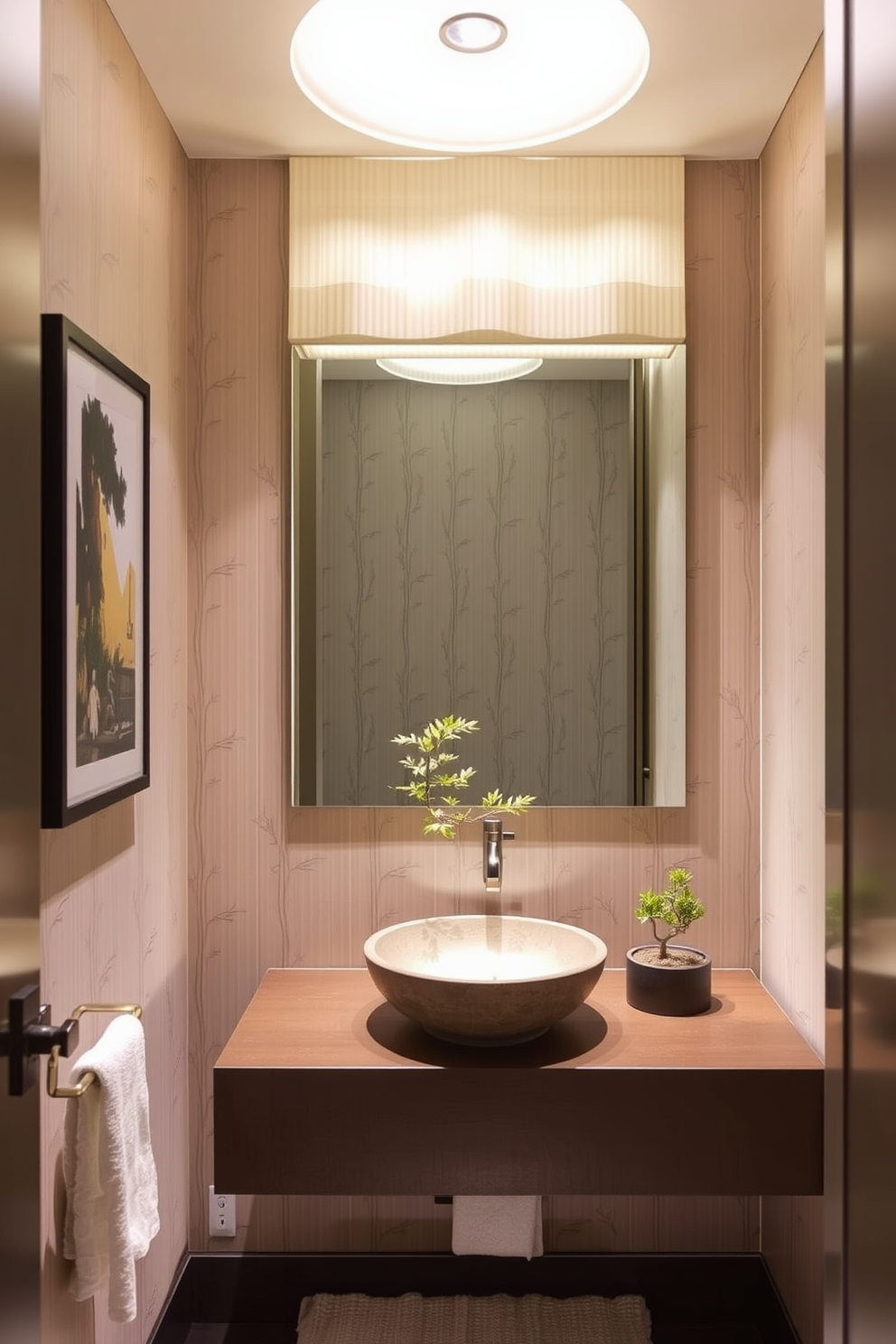 Soft lighting creates a warm and inviting atmosphere in the Asian powder room. The walls are adorned with delicate bamboo wallpaper, and a sleek floating vanity features a vessel sink made of natural stone. Rice paper shades gently diffuse the light, casting a serene glow throughout the space. A small potted bonsai tree sits on the countertop, adding a touch of nature and tranquility to the design.