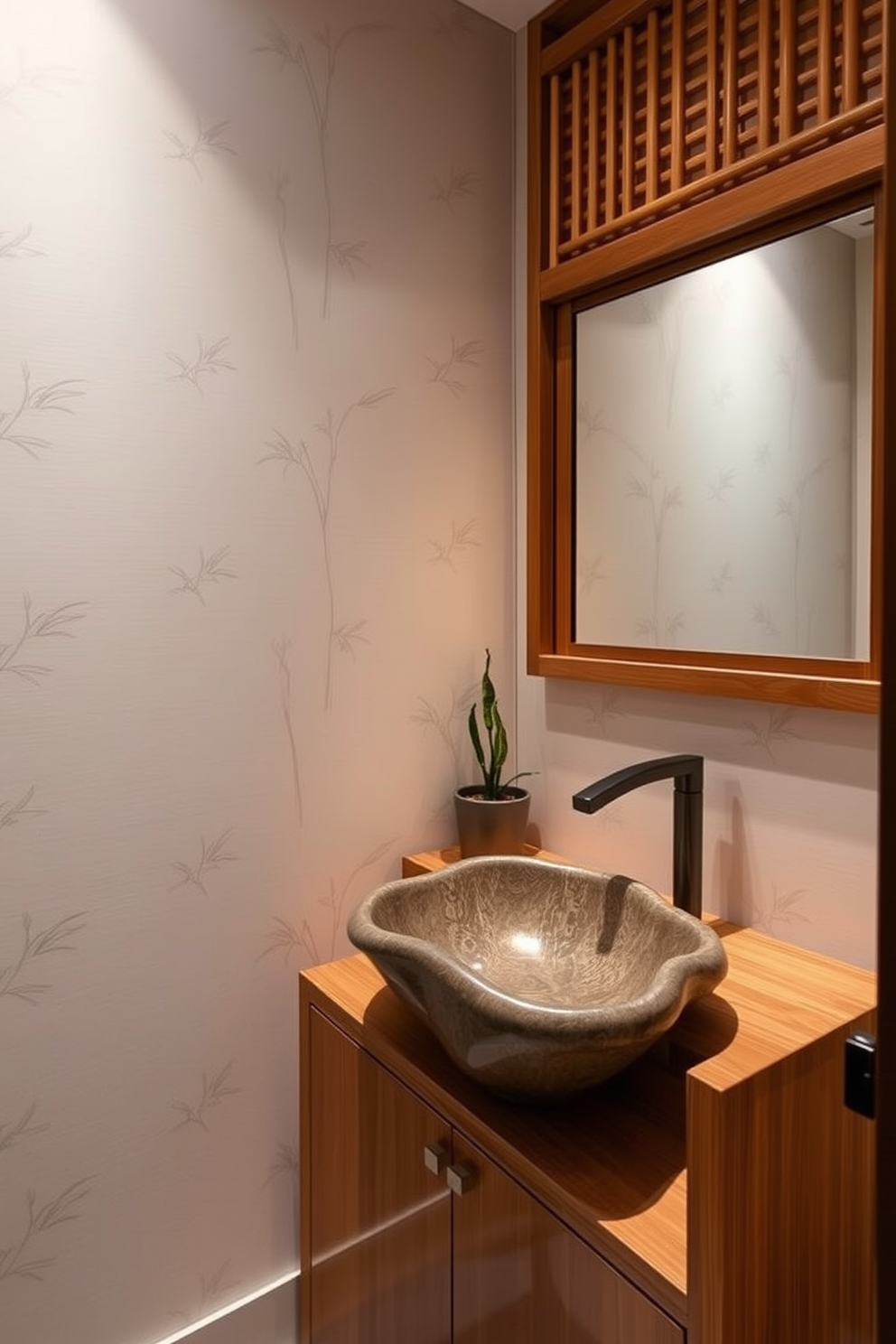 A sculptural sink with organic shapes becomes the focal point of the Asian-inspired powder room. The walls are adorned with delicate bamboo wallpaper, and a natural wood cabinet complements the sink's fluid design. Soft, ambient lighting highlights the unique contours of the sink while casting gentle shadows across the space. A small indoor plant adds a touch of greenery, enhancing the serene atmosphere of the room.