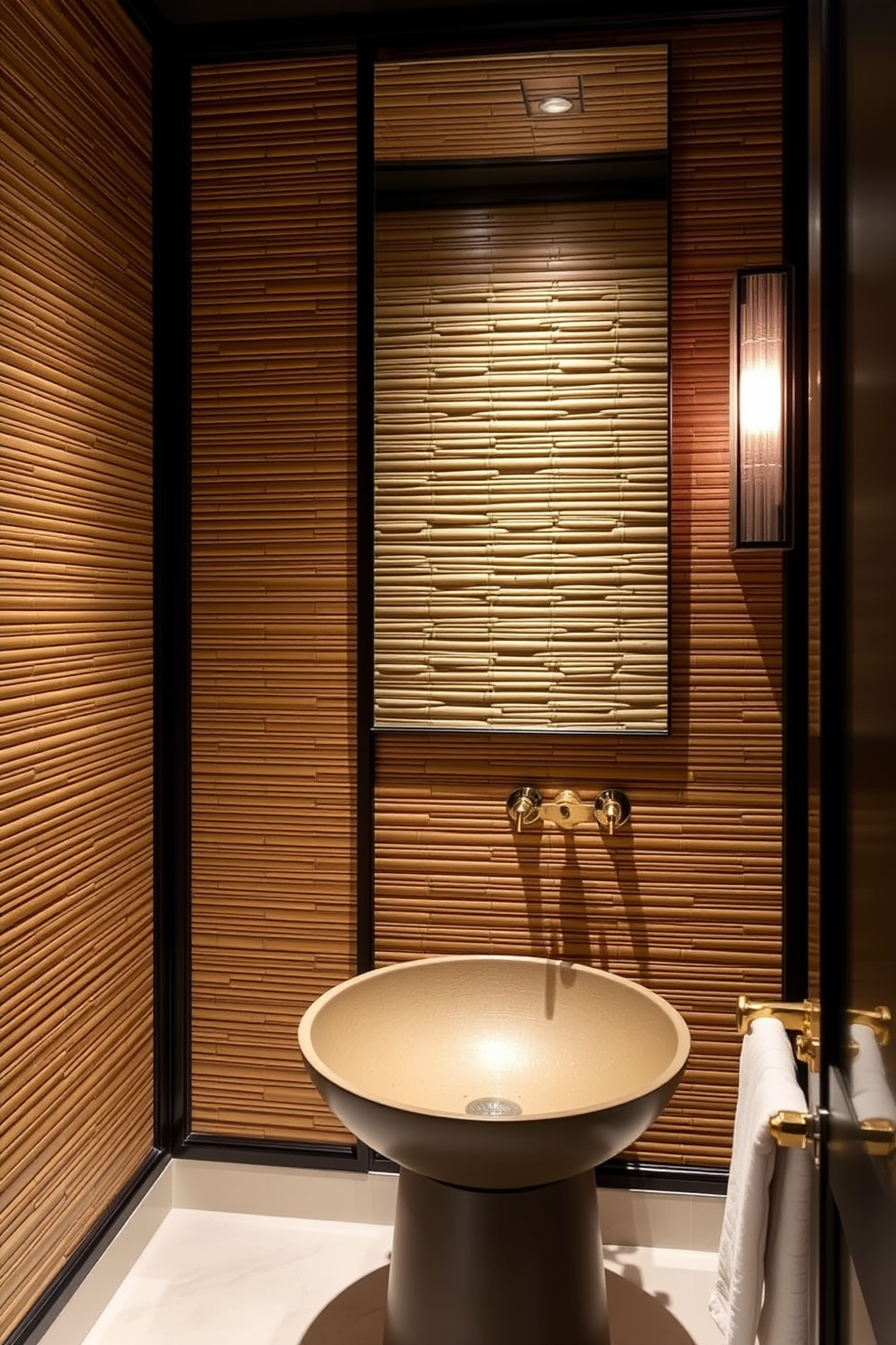 A serene Asian powder room featuring bamboo wall panels that create a sense of natural warmth. The space is accented with a sleek vessel sink and elegant brass fixtures, complemented by soft lighting that enhances the tranquil atmosphere.