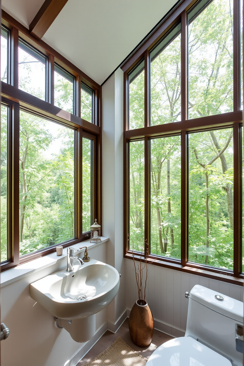 A serene powder room with floor-to-ceiling windows that invite abundant natural light. The space features delicate Asian-inspired decor with bamboo accents and a sleek stone sink.