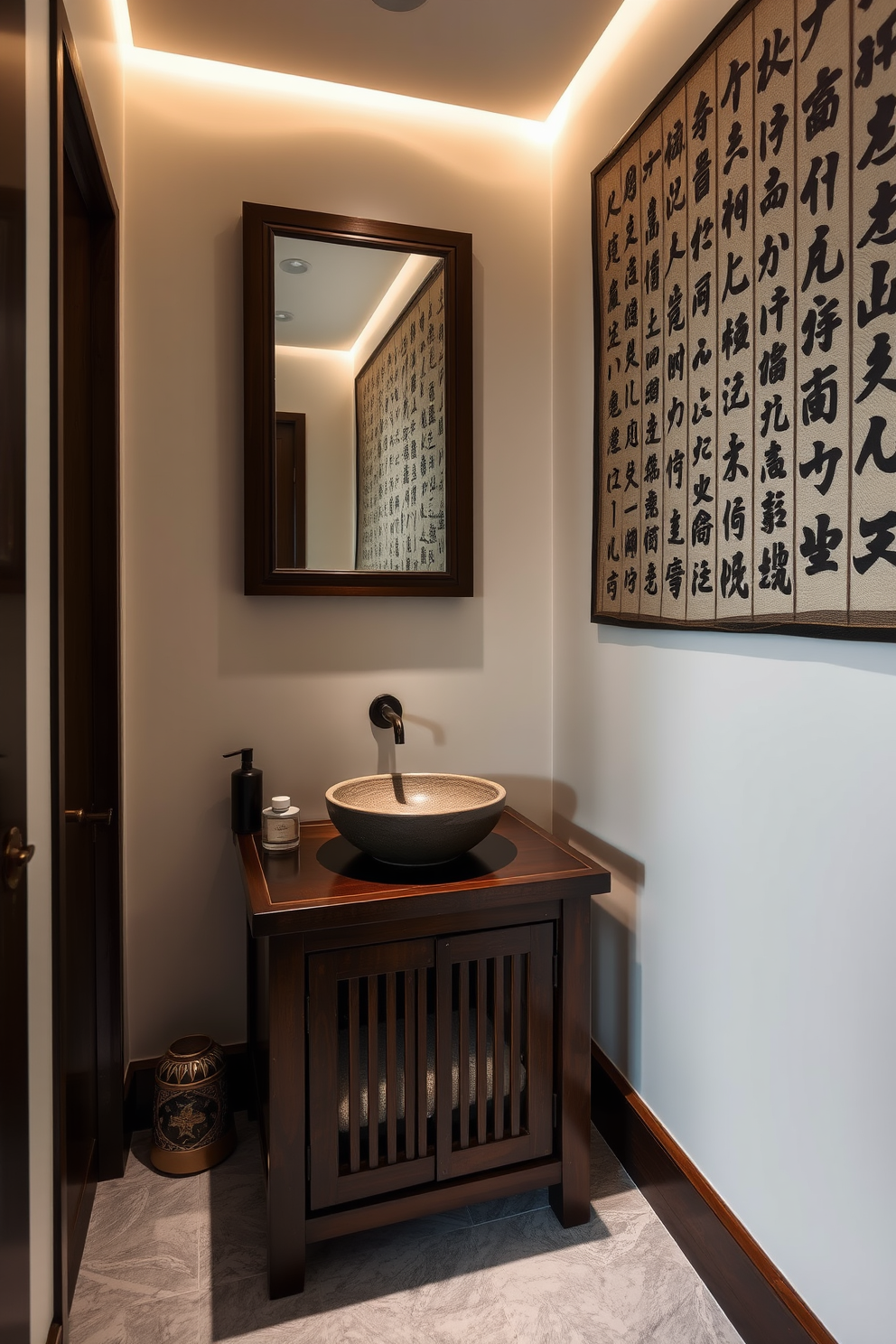 A serene Asian powder room featuring traditional calligraphy art on the walls. The space is adorned with a small wooden vanity topped with a smooth stone sink, complemented by subtle lighting that highlights the intricate calligraphy.