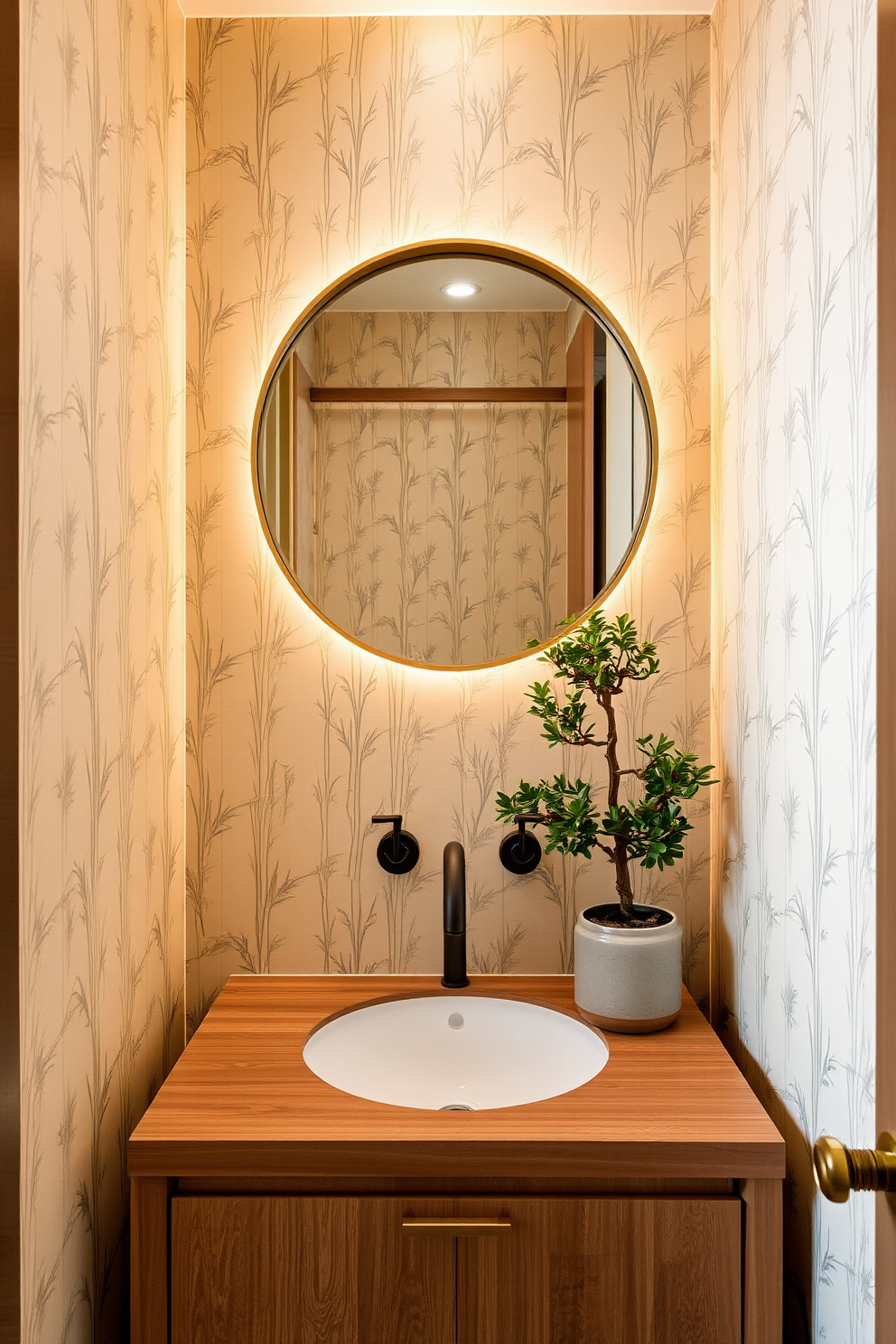 A serene powder room with warm lighting that envelops the space in a cozy glow. The walls are adorned with delicate bamboo wallpaper, and a sleek wooden vanity complements the overall aesthetic. A round mirror with a subtle gold trim hangs above the vanity, reflecting the soft light. Elegant ceramic fixtures in muted tones add a touch of sophistication, while a small potted bonsai tree brings a natural element to the design.