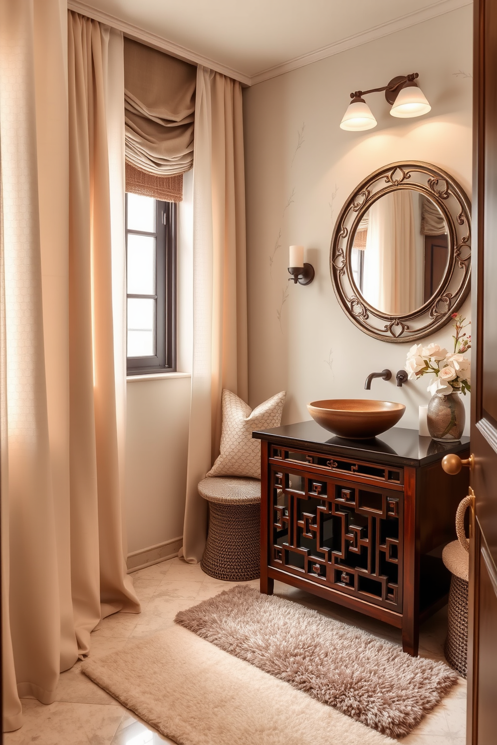 A serene Asian-inspired powder room featuring layered textiles for added comfort. Soft, neutral tones dominate the space, complemented by rich fabrics such as silk and linen used in window treatments and decorative cushions. A sleek wooden vanity with an intricate design holds a vessel sink, while a large round mirror with an ornate frame reflects the warm ambiance. The walls are adorned with subtle bamboo motifs, and a plush area rug adds warmth to the elegant tiled floor.