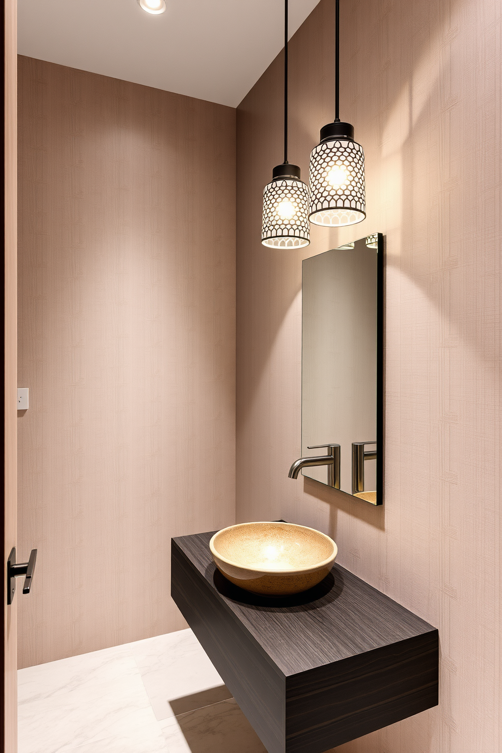 A serene Asian-inspired powder room featuring modern fixtures. The space includes a sleek floating vanity with a dark wood finish and a vessel sink made of natural stone. The walls are adorned with subtle bamboo wallpaper, creating a tranquil atmosphere. A frameless mirror reflects the soft glow of pendant lights with intricate designs, enhancing the overall elegance.