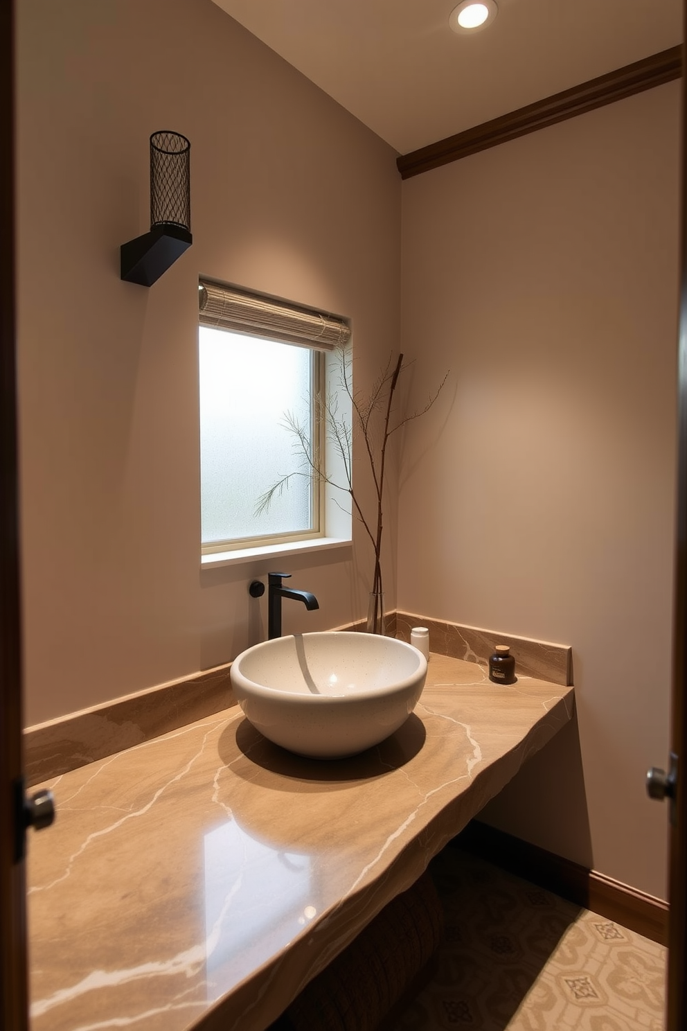 A serene powder room featuring natural stone countertops that exude elegance. The space is adorned with minimalist Asian-inspired decor, including bamboo accents and soft lighting. The walls are painted in a calming neutral tone, complemented by intricate tile work on the floor. A sleek, modern sink sits atop the natural stone countertop, enhancing the overall aesthetic of tranquility.