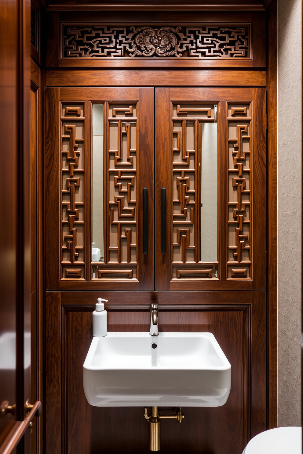 Custom cabinetry with intricate carvings creates a stunning focal point in the Asian powder room. The rich wood tones are complemented by delicate porcelain accents and soft, ambient lighting. The space features a sleek, modern sink paired with elegant fixtures that enhance the overall aesthetic. Subtle colors and natural materials bring a sense of tranquility and sophistication to the design.