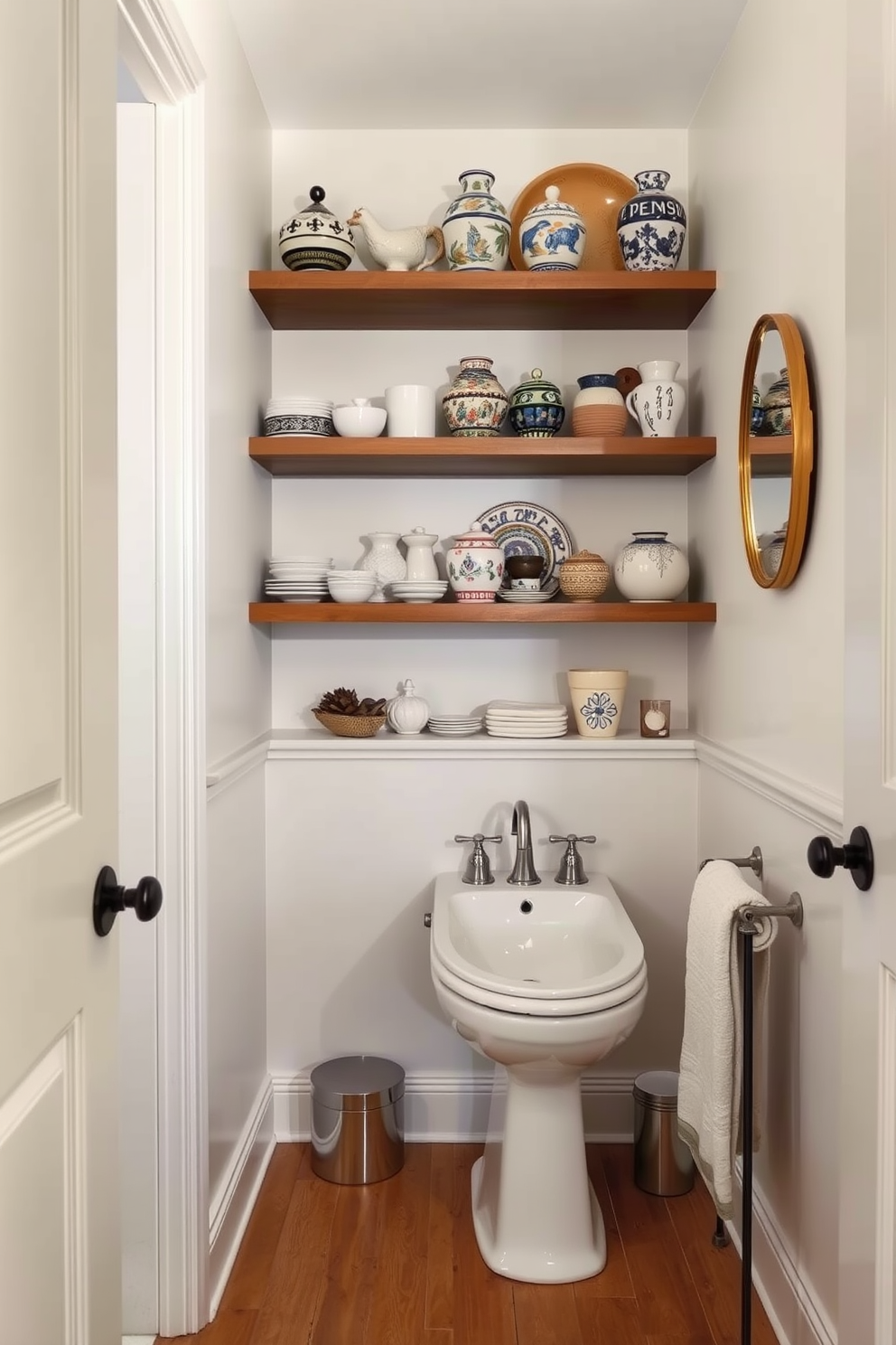 A serene powder room featuring open shelving adorned with an array of decorative ceramics. The walls are painted in a soft, neutral tone, and the floor is covered with warm wooden planks.