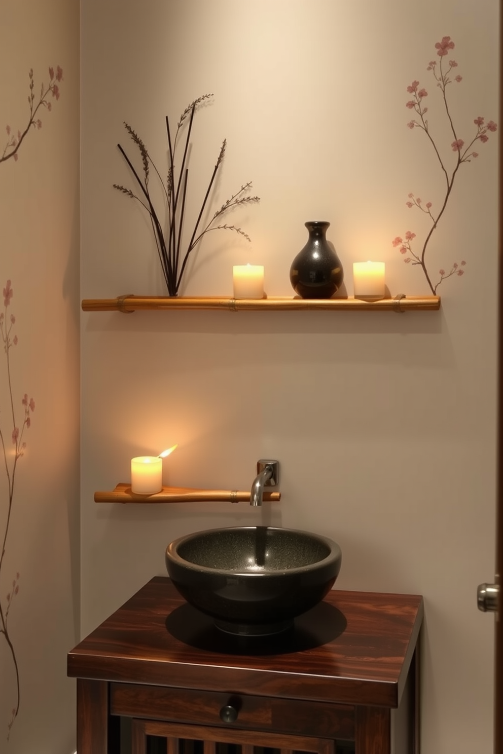 A serene Asian powder room featuring aromatic candles placed strategically on a bamboo shelf. The walls are adorned with delicate floral patterns, and a small stone basin sits atop a wooden vanity, creating a tranquil atmosphere.