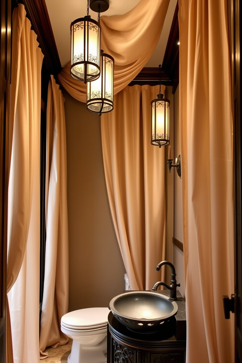 Elegant drapery made of luxurious silk fabric cascades gracefully from the ceiling to the floor, adding a touch of sophistication to the space. The Asian powder room features intricate wooden accents and a serene color palette that complements the flowing drapery. Delicate lanterns hang from the ceiling, casting a warm glow throughout the room. A beautifully crafted sink with ornate details sits atop a dark wooden vanity, creating a harmonious blend of elegance and cultural charm.