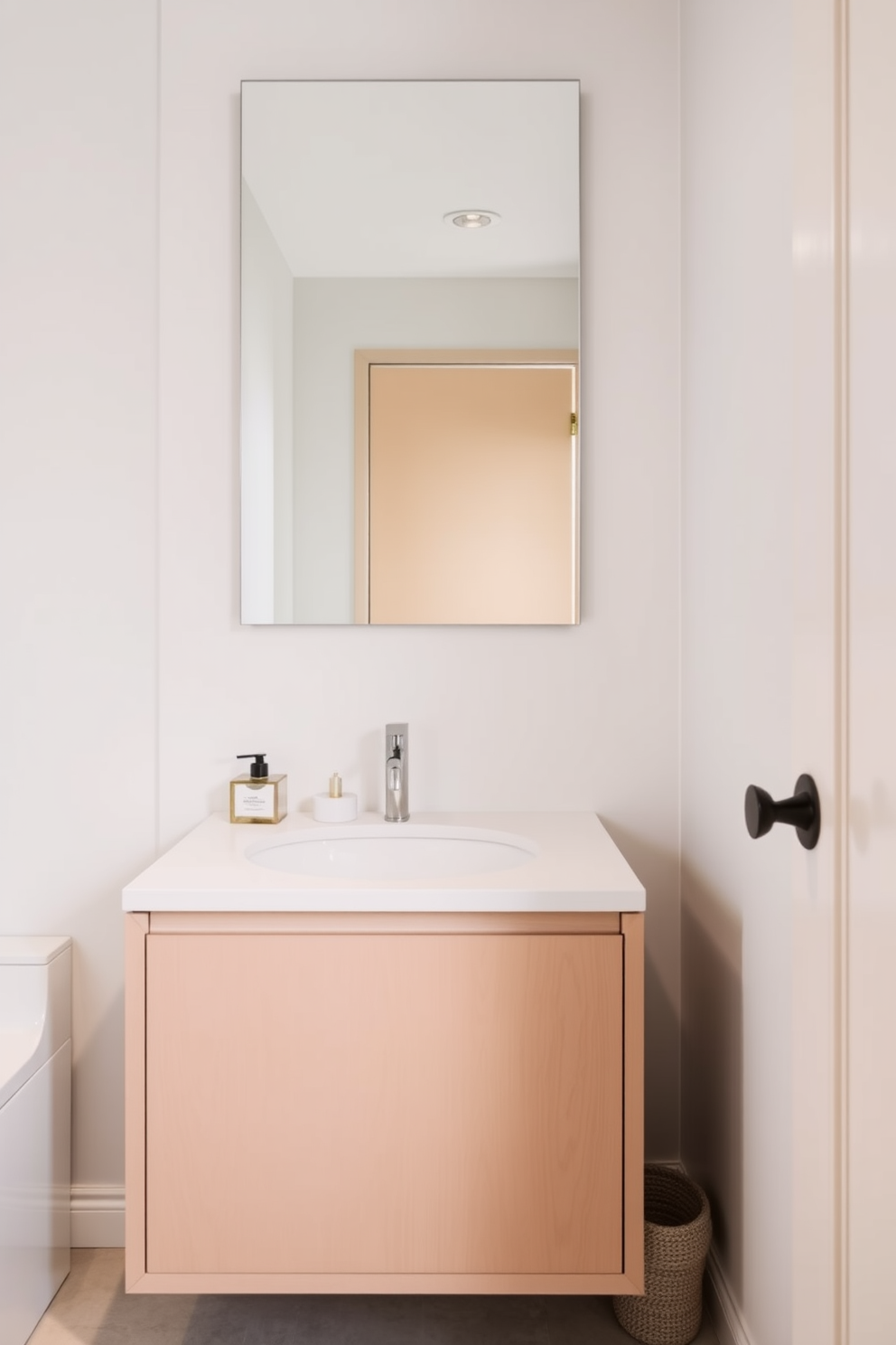 A sleek Asian vanity with minimalist lines showcases a harmonious blend of natural materials and elegant simplicity. The powder room features soft lighting that highlights the clean contours of the vanity, complemented by a serene color palette of whites and muted earth tones.