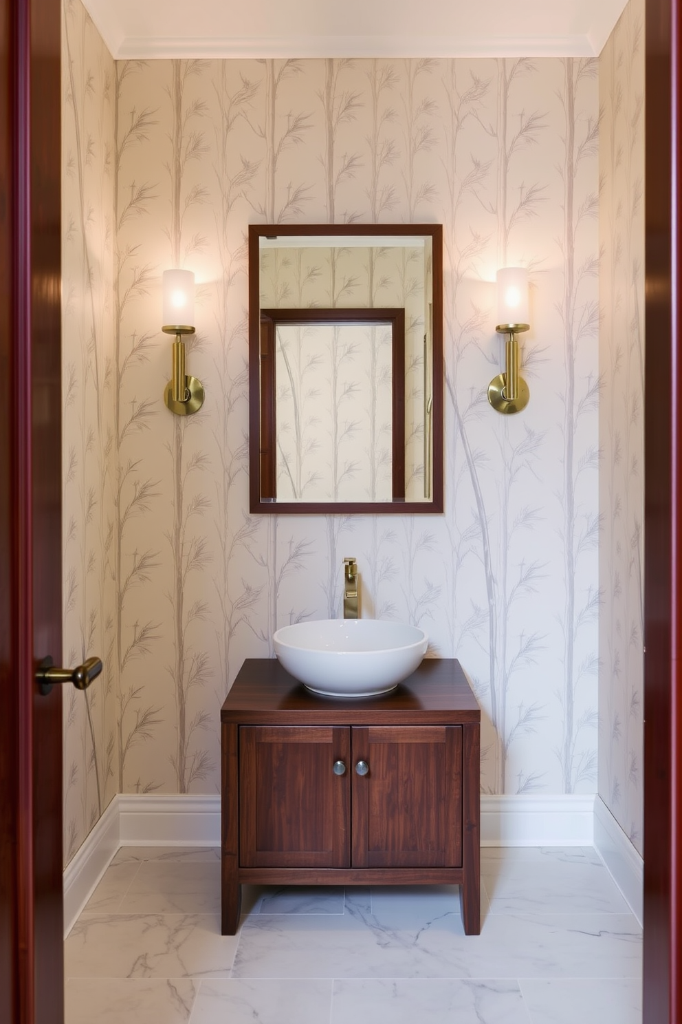 A serene Asian powder room featuring subtle patterns in the floor tiles that add a touch of interest. The walls are adorned with delicate bamboo wallpaper, creating a calming atmosphere. In the center, a sleek wooden vanity holds a round vessel sink with a brushed nickel faucet. Above the vanity, a minimalist mirror reflects the soft ambient lighting from elegant wall sconces.