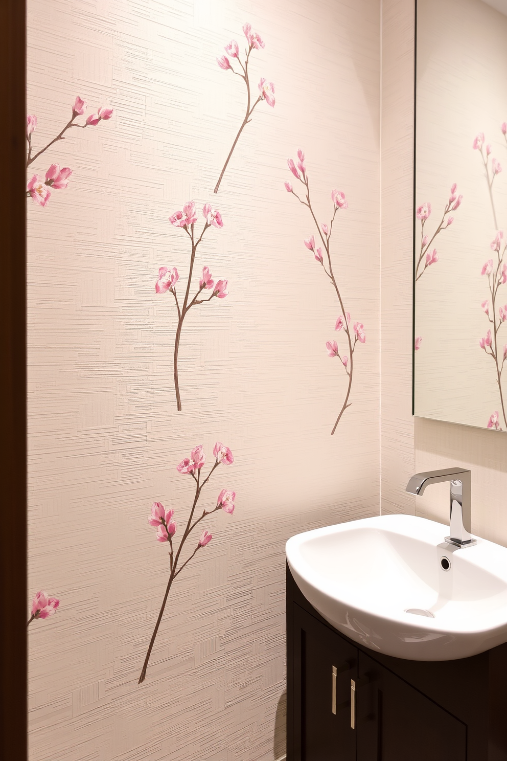 Textured wallpaper featuring delicate cherry blossom motifs adorns the walls, creating a serene and elegant atmosphere. The powder room includes a sleek white sink with a modern faucet, complemented by a dark wood vanity that adds warmth to the space.