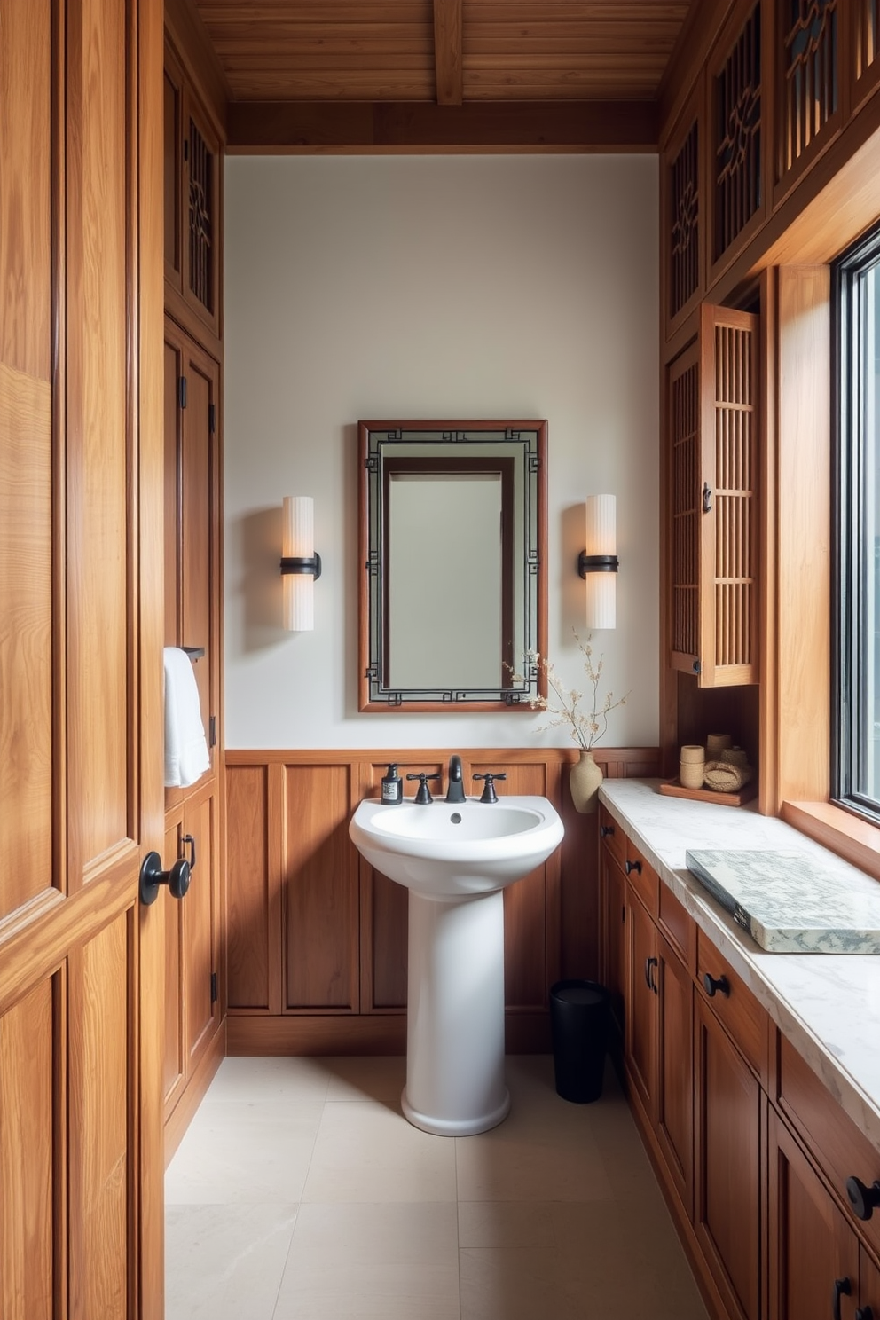 Natural wood cabinetry creates a warm and inviting atmosphere in this Asian-inspired powder room. The space features intricate wood detailing and a serene color palette, complemented by bamboo accents and elegant stone elements.