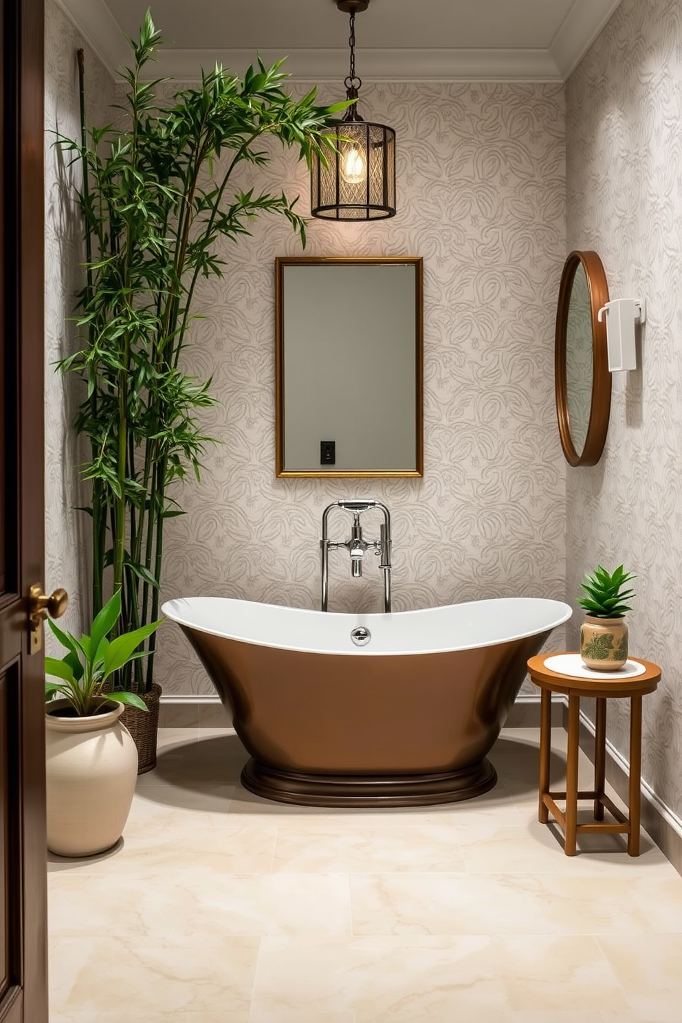 An elegant freestanding tub takes center stage in this Asian-inspired powder room, surrounded by bamboo accents and lush greenery. The walls are adorned with delicate rice paper wallpaper, creating a serene atmosphere that invites relaxation and tranquility.