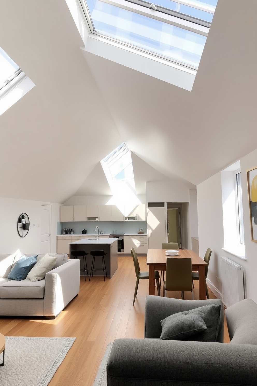 A bright and airy attic apartment featuring large skylights that flood the space with natural light. The open layout includes a cozy living area with a plush sofa and a modern coffee table, seamlessly connecting to a stylish kitchen with sleek cabinetry and a breakfast bar. The walls are painted in soft white tones, enhancing the light and spacious feel of the apartment. A wooden dining table sits near the skylights, surrounded by contemporary chairs, creating an inviting atmosphere for meals and gatherings.