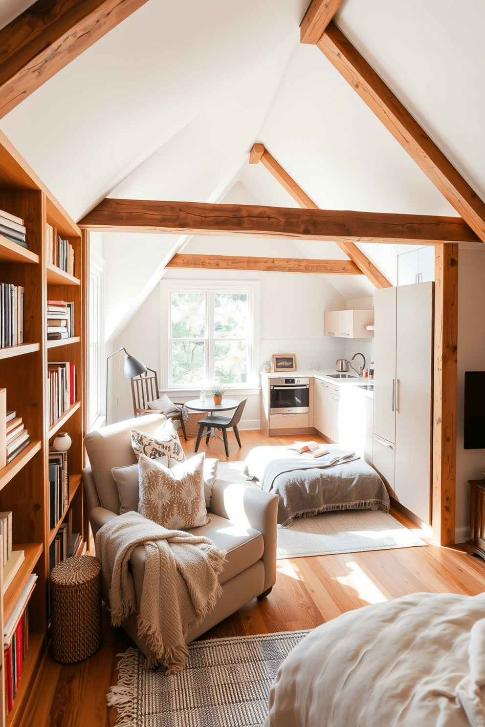 Cozy reading nook with built-in shelves. A plush armchair is positioned next to a large window, allowing natural light to flood the space. The walls are lined with built-in wooden shelves filled with books and decorative items. A soft throw blanket and a small side table with a reading lamp complete the inviting atmosphere. Attic apartment design ideas. Exposed beams create a rustic charm in the open-plan living area filled with natural light. A modern kitchenette features sleek cabinetry and a small dining table nestled under the eaves. A cozy bedroom area includes a low-profile bed and soft textiles, enhancing the intimate feel of the space.