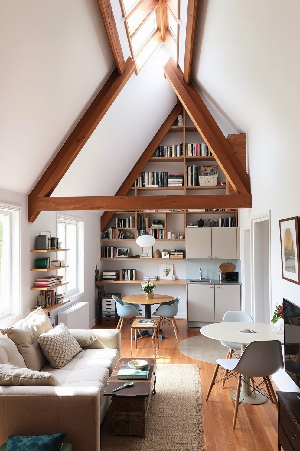 A cozy attic apartment with open shelving creatively displaying books and decorative items. The walls are painted in a soft white, and the wooden beams are exposed, adding character to the space. The living area features a comfortable sofa in a neutral tone, paired with a vintage coffee table. A large window allows natural light to flood the room, highlighting the warm textures of the furnishings. In the kitchen area, sleek cabinets complement the open shelving, providing both storage and style. A small dining table with modern chairs sits beneath a pendant light, creating an inviting atmosphere for meals.