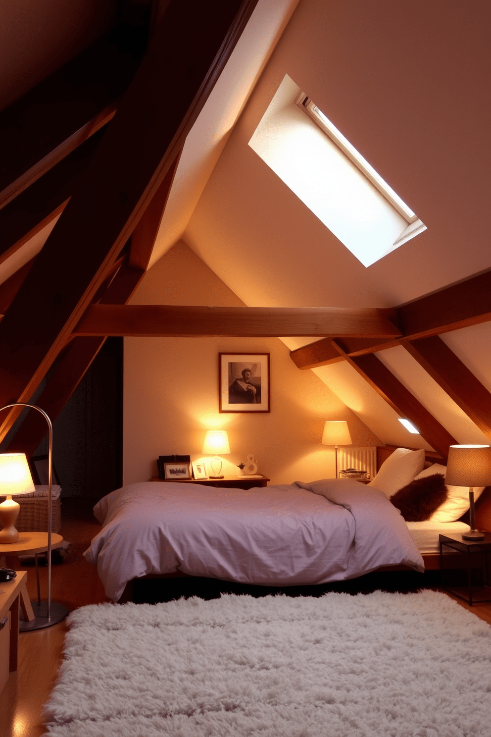 A cozy attic apartment filled with soft lighting from stylish floor lamps creating a warm ambiance. The space features exposed wooden beams and a plush area rug that adds comfort to the room.