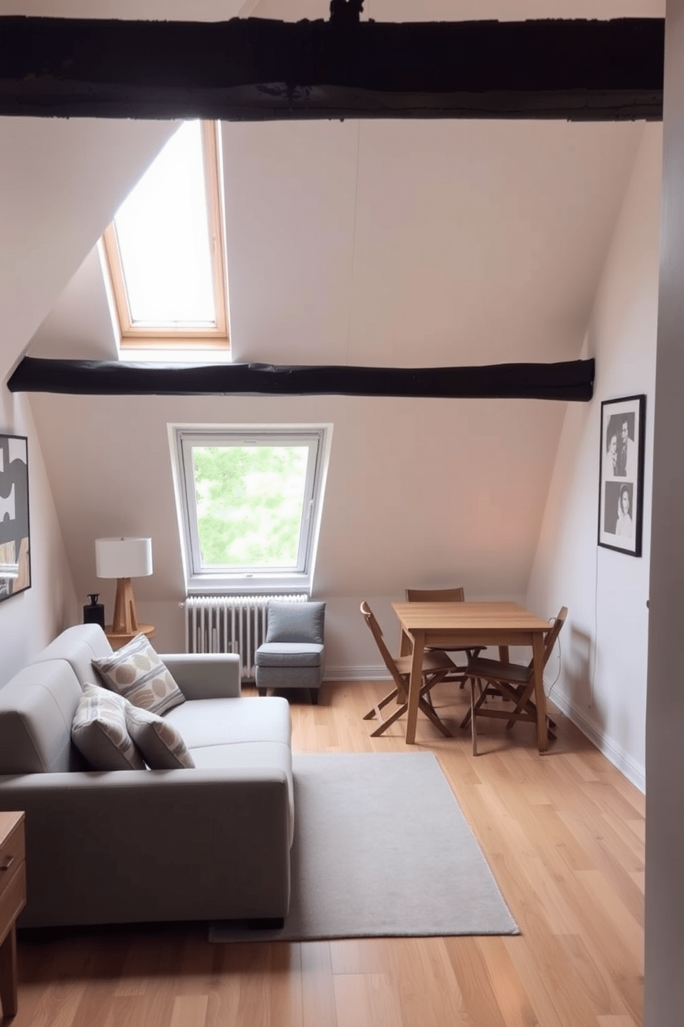 A cozy attic apartment featuring multi-functional furniture designed for small spaces. The living area includes a sleek sofa that converts into a bed, paired with a coffee table that doubles as storage. The walls are painted in soft pastel tones, enhancing the sense of openness. A compact dining table with foldable chairs sits near a large window, maximizing natural light and functionality.