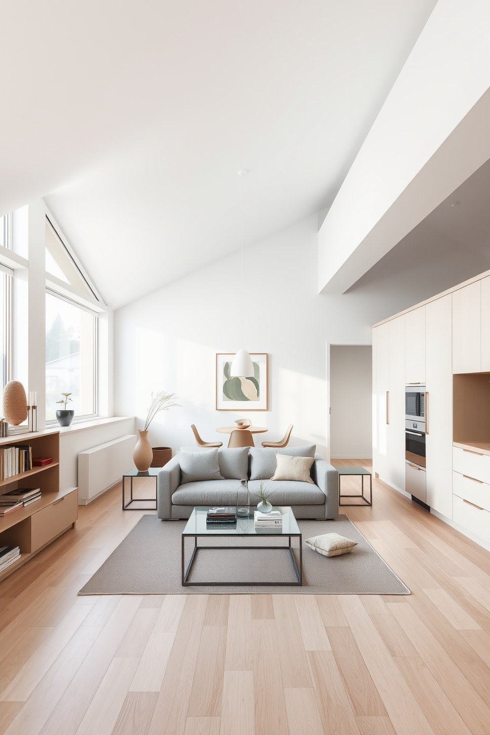 A serene attic apartment design featuring an open layout with large windows that allow natural light to flood in. The walls are painted in soft white tones, and the flooring is a light wood, creating a spacious and airy feel. In the living area, a simple yet stylish sofa is paired with a sleek coffee table made of glass and metal. Minimalist shelving units display a curated selection of books and decorative items, maintaining a clean and uncluttered look. The kitchen area showcases streamlined cabinetry with a matte finish, complemented by stainless steel appliances. A small dining table with modern chairs sits adjacent, perfect for intimate meals. The bedroom is designed with a low-profile bed dressed in neutral linens, flanked by minimalist nightstands. A single piece of abstract art hangs above the bed, adding a touch of personality without overwhelming the space.