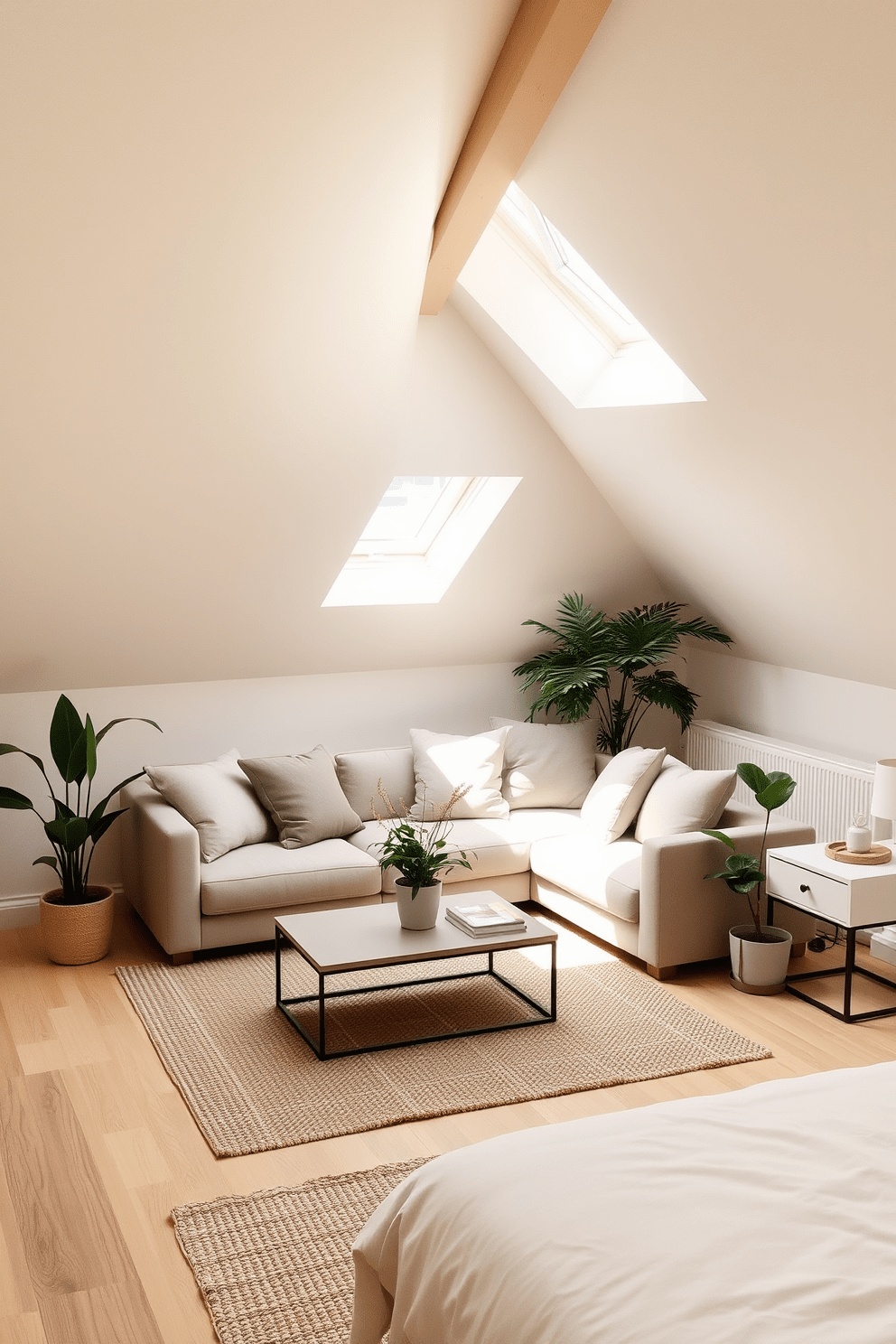 A serene attic apartment featuring a neutral color palette that promotes a calming effect. The walls are painted in soft beige, complemented by light wood beams that add warmth and character to the space. The living area includes a cozy sectional sofa adorned with plush cushions in muted tones. A minimalist coffee table sits on a textured area rug, creating a comfortable and inviting atmosphere. Natural light floods the room through skylights, enhancing the airy feel of the apartment. Potted plants are strategically placed to bring a touch of nature indoors, contributing to the tranquil ambiance. The bedroom area features a low-profile bed with soft linens in shades of white and gray. A sleek nightstand holds a simple lamp, providing soft lighting for a peaceful retreat.