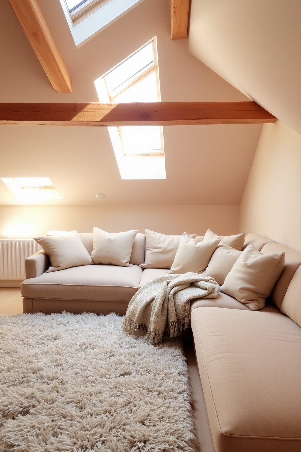 A cozy attic apartment featuring soft textiles that create warmth and comfort. Plush cushions adorn a large sectional sofa, while a lightweight throw blanket drapes over the armrest. Natural light floods the space through skylights, illuminating the soft beige walls and wooden beams. A plush area rug anchors the seating area, enhancing the inviting atmosphere.