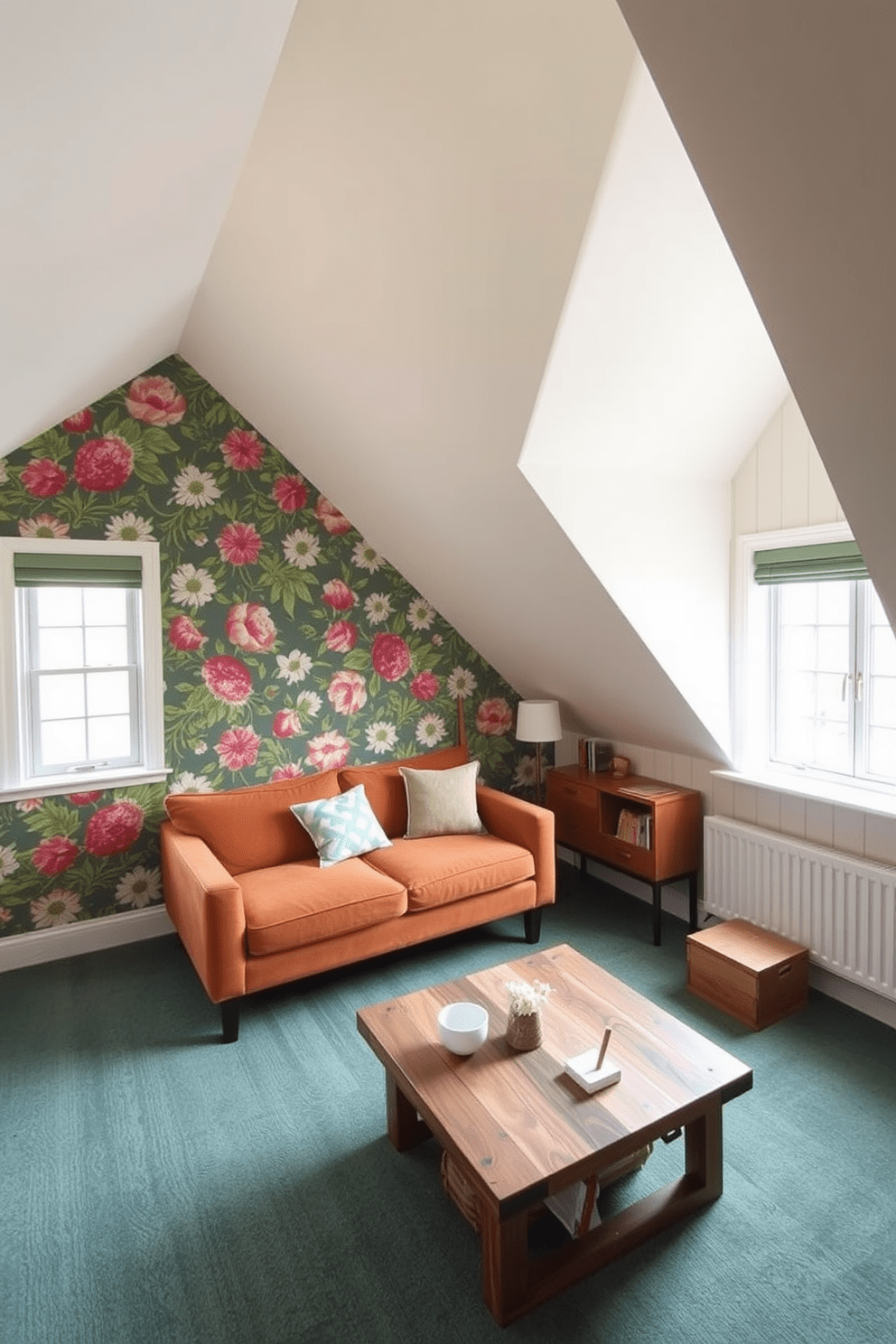 A cozy attic apartment featuring an accent wall adorned with bold floral wallpaper that adds a vibrant touch to the space. The rest of the walls are painted in a soft neutral tone, creating a harmonious balance between boldness and tranquility. The living area includes a plush sofa in a complementary color, paired with a stylish coffee table made of reclaimed wood. Large windows allow natural light to flood the room, highlighting the unique architectural details of the sloped ceiling.