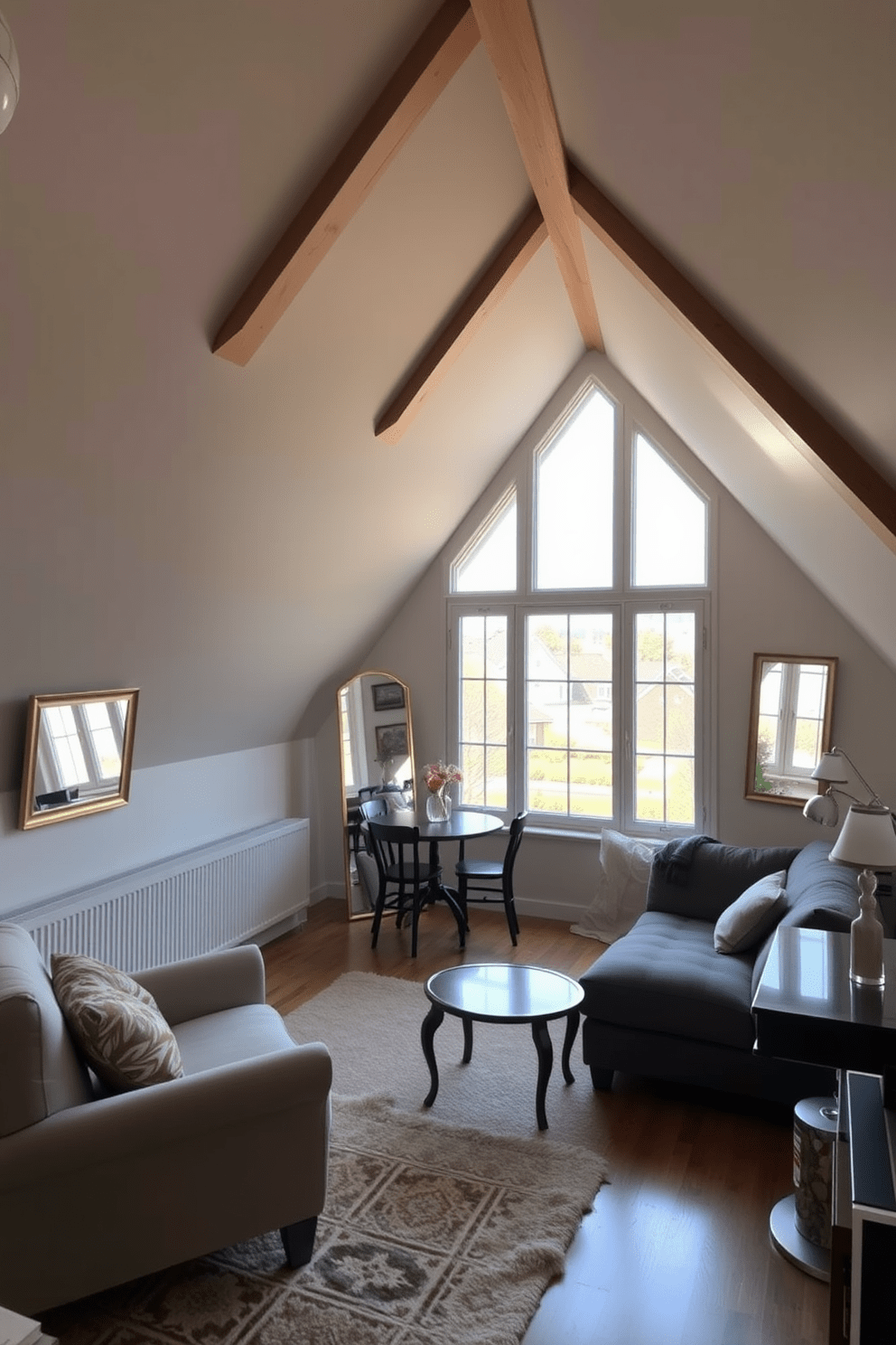 A cozy attic apartment featuring sloped ceilings with exposed beams and large windows that flood the space with natural light. The design includes strategically placed mirrors on the walls to reflect light and create an illusion of a larger area. The living space is adorned with a plush sectional sofa and a vintage coffee table, complemented by a soft area rug. A small dining nook with a round table and chairs is positioned near the windows, providing a charming view of the surroundings.