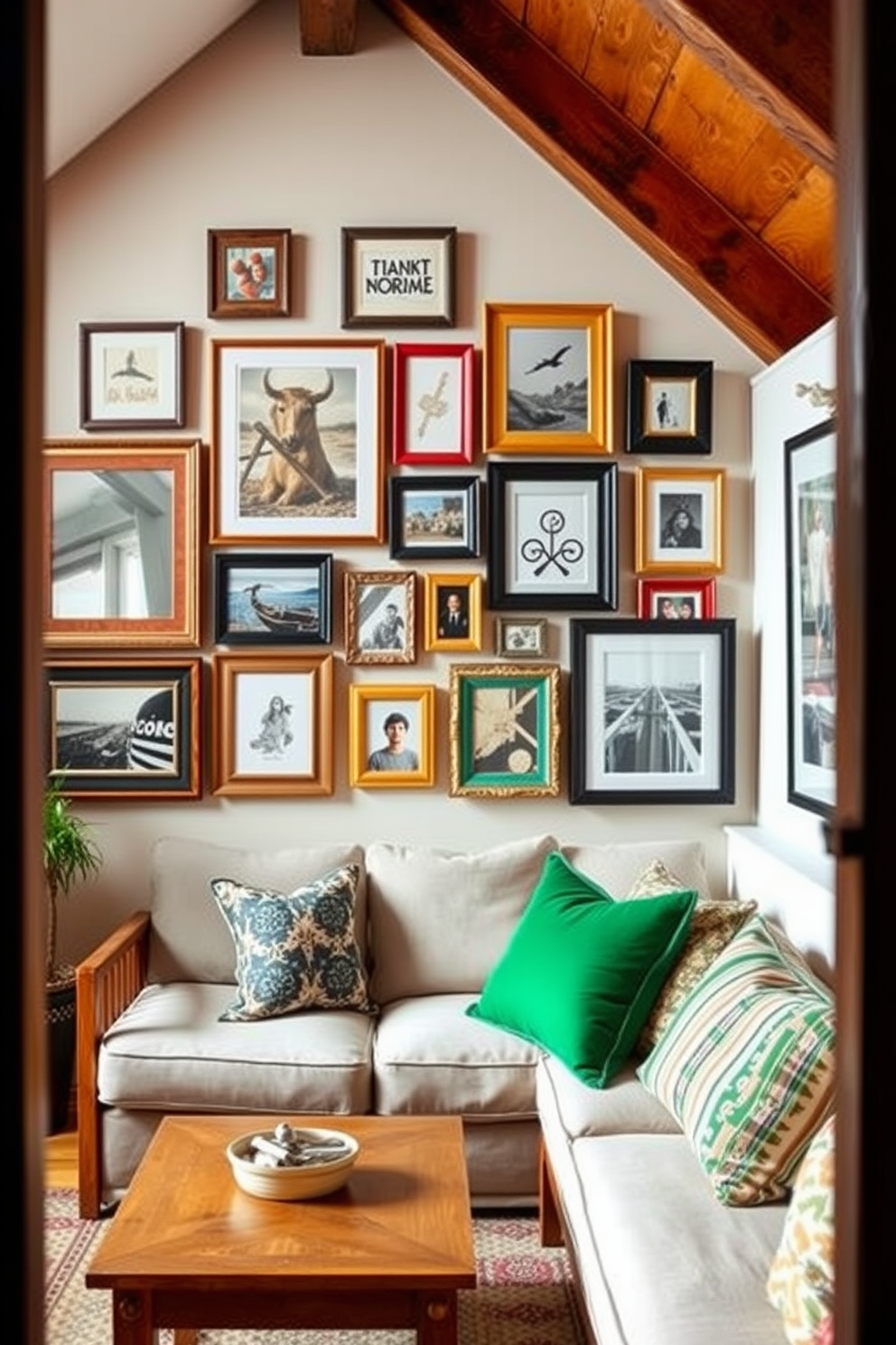 Create a gallery wall featuring a mix of framed artwork and photographs in an eclectic style. The wall should include various sizes and shapes of frames, incorporating bold colors and textures that complement the overall decor of the attic apartment. Design the attic apartment with a cozy and inviting atmosphere. Use warm wood tones for the furniture, soft textiles for the seating, and plenty of natural light to enhance the space's charm.