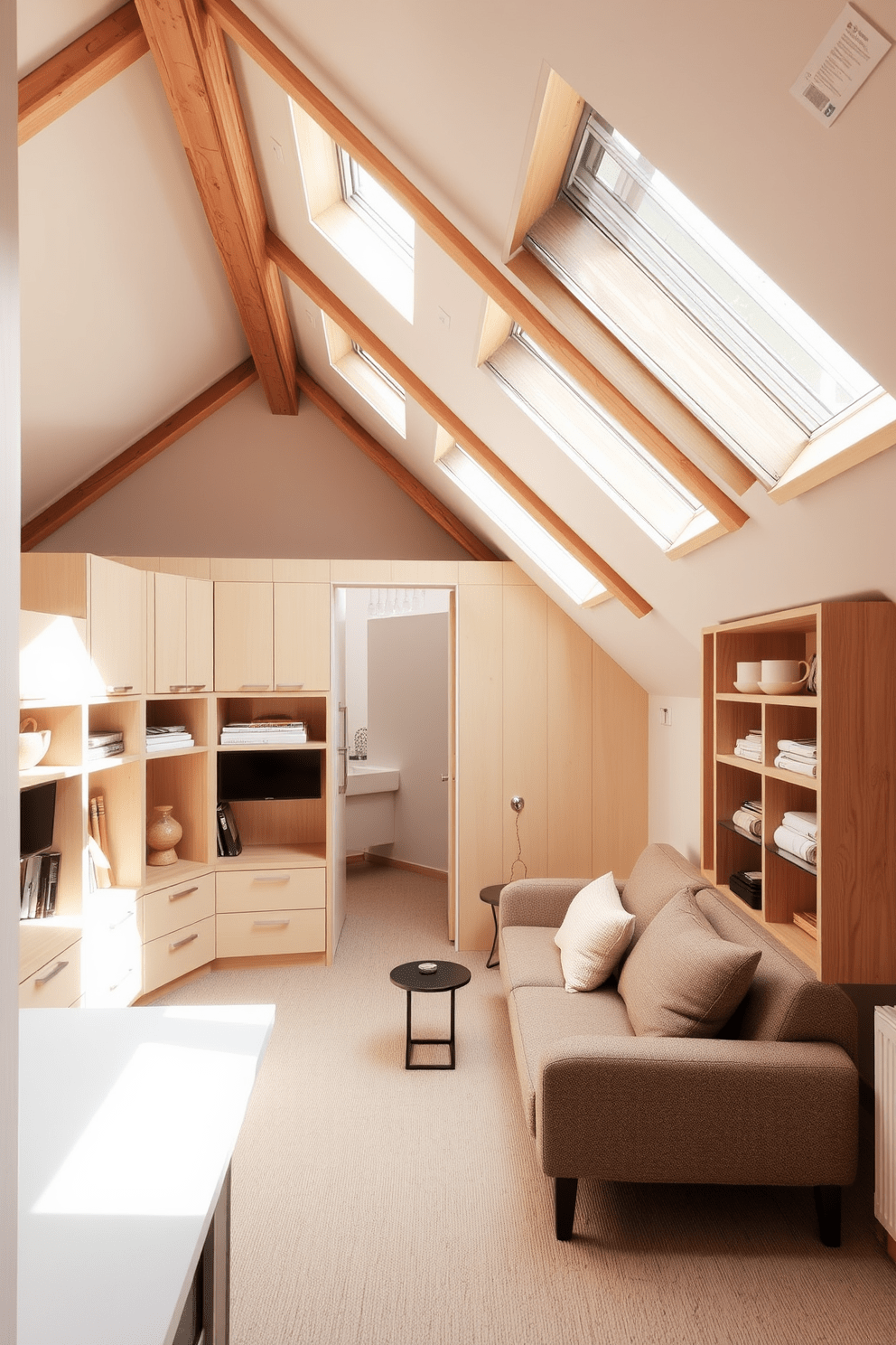 A cozy attic apartment featuring creative storage solutions under the eaves. The space includes built-in shelves and cabinets that blend seamlessly with the sloped ceiling, maximizing functionality while maintaining a stylish aesthetic. Natural light floods the room through skylights, illuminating the warm wooden beams and soft neutral tones of the decor. A compact seating area with a plush sofa and a small coffee table invites relaxation, making the most of the available space.