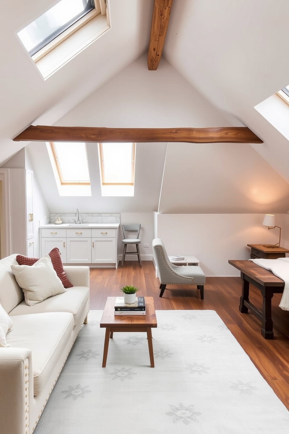 A cozy attic apartment designed with a neutral color palette. The space features sloped ceilings with exposed wooden beams and large skylights that let in natural light. The living area includes a plush cream sofa paired with a light gray rug, creating a warm and inviting atmosphere. A small wooden coffee table sits in front of the sofa, adorned with a few decorative books and a simple potted plant. The kitchen area showcases sleek white cabinetry with brass hardware, complemented by a marble backsplash. A rustic wooden dining table surrounded by upholstered chairs adds charm to the space. The bedroom area features a soft beige bedspread layered with textured pillows, creating a serene retreat. A minimalist bedside table holds a stylish lamp, enhancing the overall calming ambiance of the apartment.