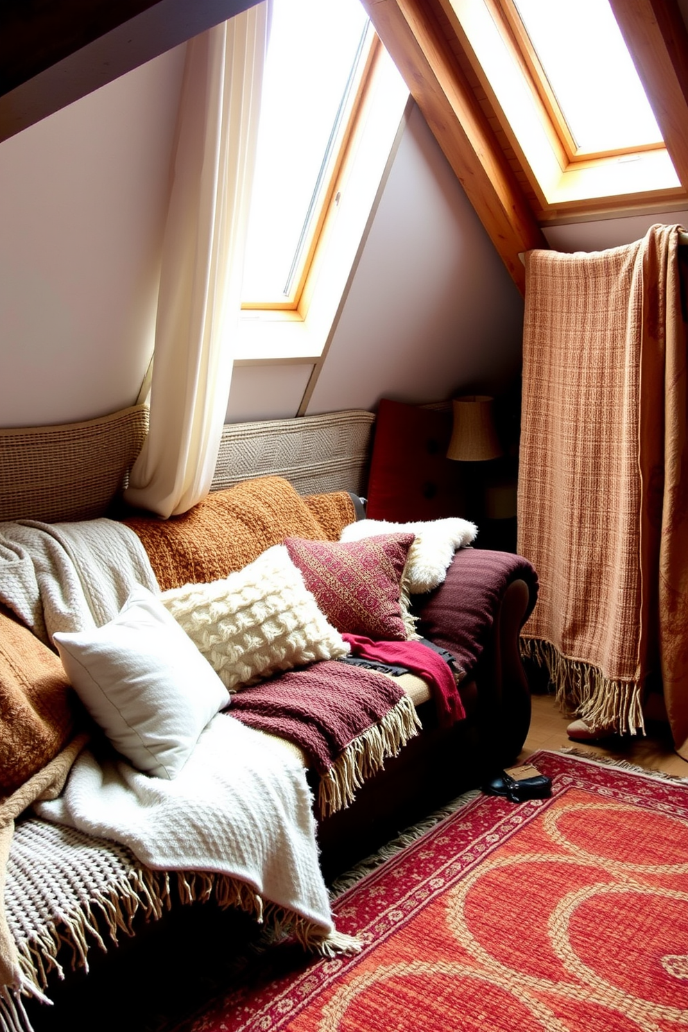 Layered textiles create a cozy ambiance in an attic apartment. Soft throw blankets and plush pillows adorn a comfortable sofa, inviting relaxation. Natural light streams through skylights, illuminating the rich textures of the woven rugs and draped curtains. A mix of patterns and colors adds warmth and character to the space.