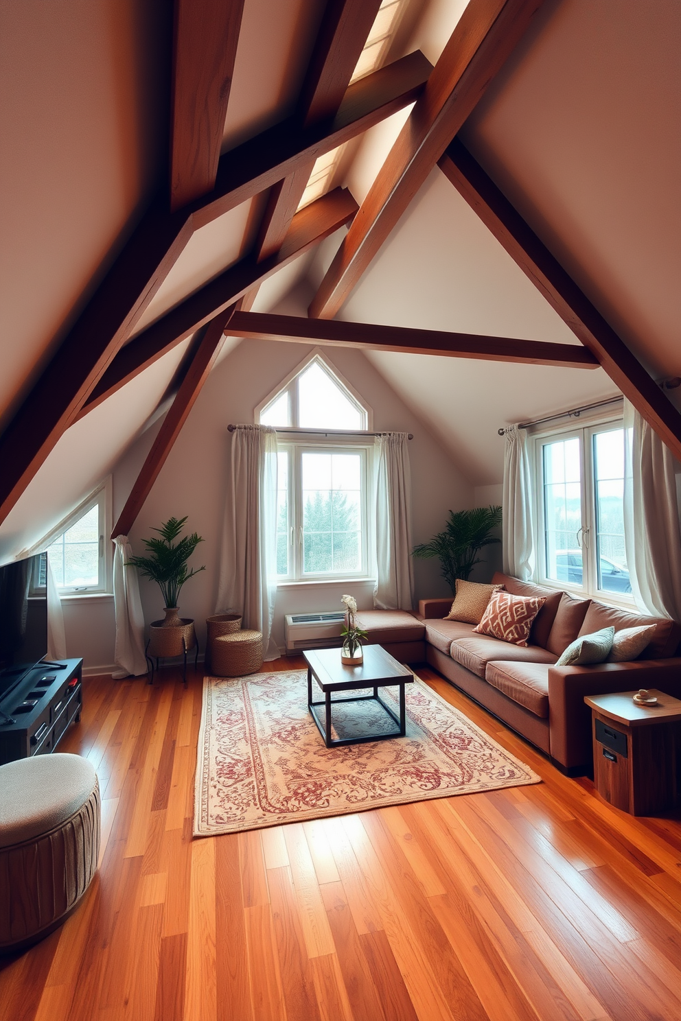 A cozy attic apartment featuring sloped ceilings and exposed wooden beams. Large windows are adorned with soft, flowing curtains that gently frame the views and enhance the natural light. The living area is furnished with a plush sectional sofa and a rustic coffee table. A stylish area rug adds warmth to the space, while decorative cushions bring in pops of color.