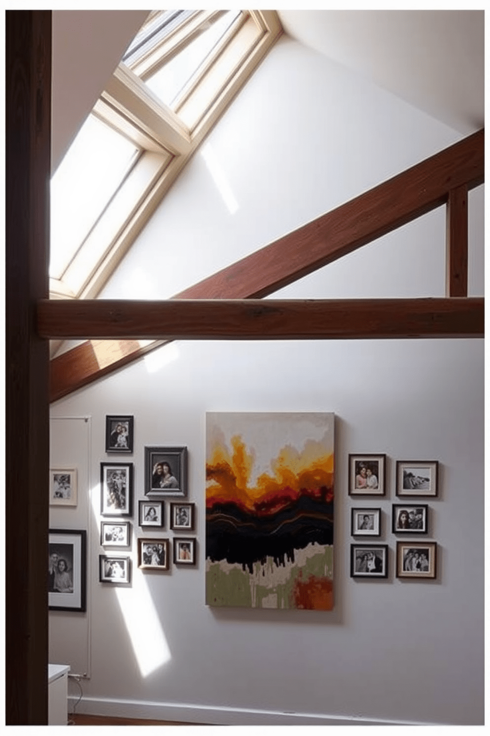 Artistic wall decor for personal touch. A large canvas featuring abstract art hangs prominently on the wall, surrounded by a collection of smaller framed photographs that capture cherished memories. Attic Apartment Design Ideas. The space features exposed wooden beams that add character, with a cozy reading nook nestled beneath a skylight, inviting natural light to fill the room.