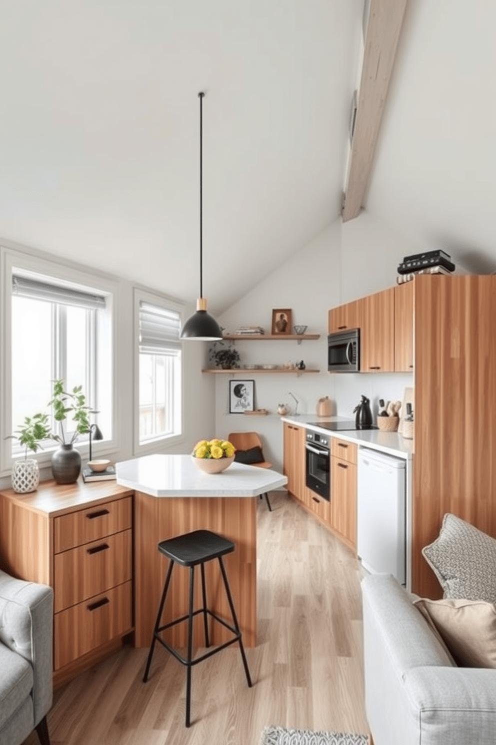 A functional kitchen space with a compact design features sleek cabinetry in a warm wood finish, maximizing storage without sacrificing style. The countertops are made of durable quartz, and a small island doubles as a prep area and dining spot, with stylish bar stools tucked neatly underneath. For attic apartment design ideas, the space is transformed with sloped ceilings that create a cozy atmosphere. Large windows allow natural light to flood in, highlighting a mix of modern furnishings and vintage accents that add character to the unique layout.