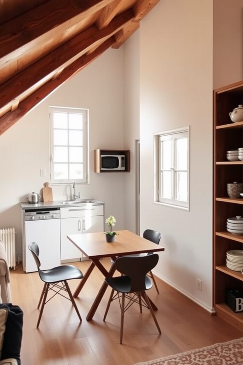 A cozy attic apartment featuring a foldable dining table that seamlessly blends with the overall design. The table is surrounded by stylish chairs and positioned near a large window, allowing natural light to fill the space. The walls are painted in a soft, neutral tone, enhancing the warmth of the wooden beams that are exposed overhead. To one side, a small kitchenette complements the dining area, with modern appliances and open shelving displaying decorative dishware.