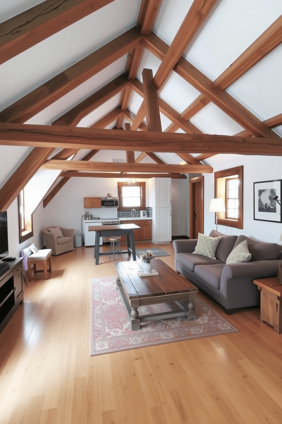 A cozy attic apartment adorned with rustic wooden beams that add character and warmth to the space. The open layout features a comfortable seating area with a plush sofa and a reclaimed wood coffee table, creating an inviting atmosphere.