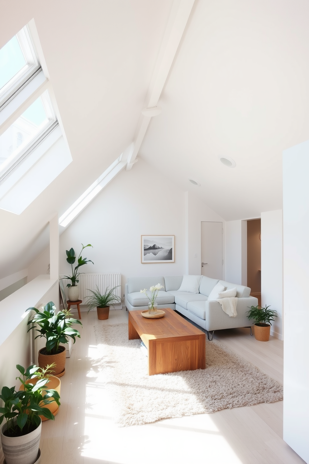 A bright and airy attic apartment featuring sloped ceilings and large skylights that allow natural light to flood the space. The walls are painted in soft whites and light pastels, creating a serene atmosphere that enhances the feeling of openness. The living area includes a cozy sectional sofa in a light fabric, paired with a minimalist coffee table made of reclaimed wood. A plush area rug in neutral tones anchors the space, while potted plants add a touch of greenery and warmth.