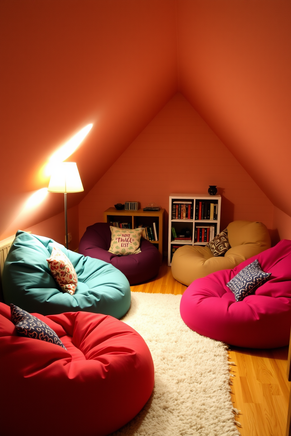 Create a cozy corner with colorful bean bags in a warm and inviting attic space. Soft lighting from a nearby lamp casts a gentle glow, enhancing the relaxed atmosphere. Incorporate a small bookshelf filled with well-loved novels and decorative items. A plush area rug anchors the seating, adding comfort and style to the design.