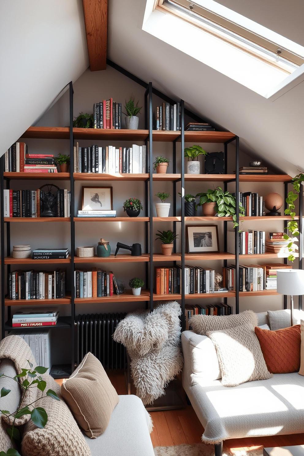 Open shelving creates a functional yet stylish storage solution in an attic apartment. The shelves are made of reclaimed wood, showcasing a mix of books, plants, and decorative items to add personality to the space. The design incorporates cozy seating areas with plush cushions and throws, perfect for relaxation. Natural light floods the room through skylights, enhancing the inviting atmosphere of the apartment.