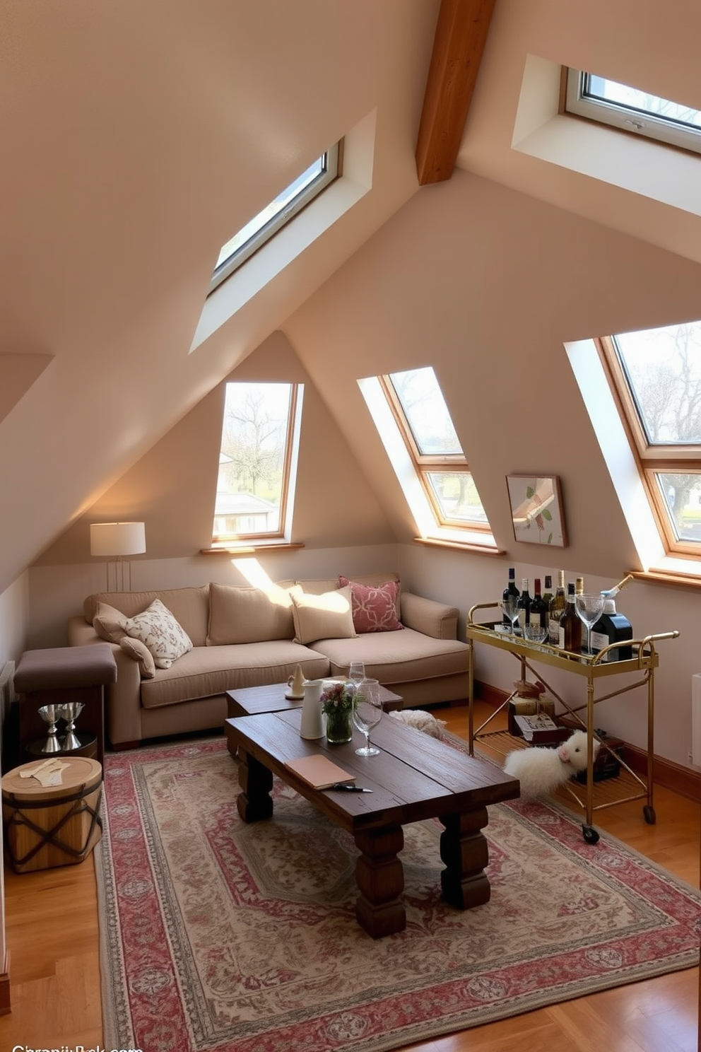 A cozy attic apartment featuring sloped ceilings and large skylights that flood the space with natural light. The living area is adorned with a plush sectional sofa and a rustic coffee table, creating an inviting atmosphere. A small bar cart is elegantly positioned in the corner, stocked with glassware and a selection of spirits for entertaining guests. The walls are painted in a soft beige tone, complemented by warm wood accents and a stylish area rug that ties the room together.