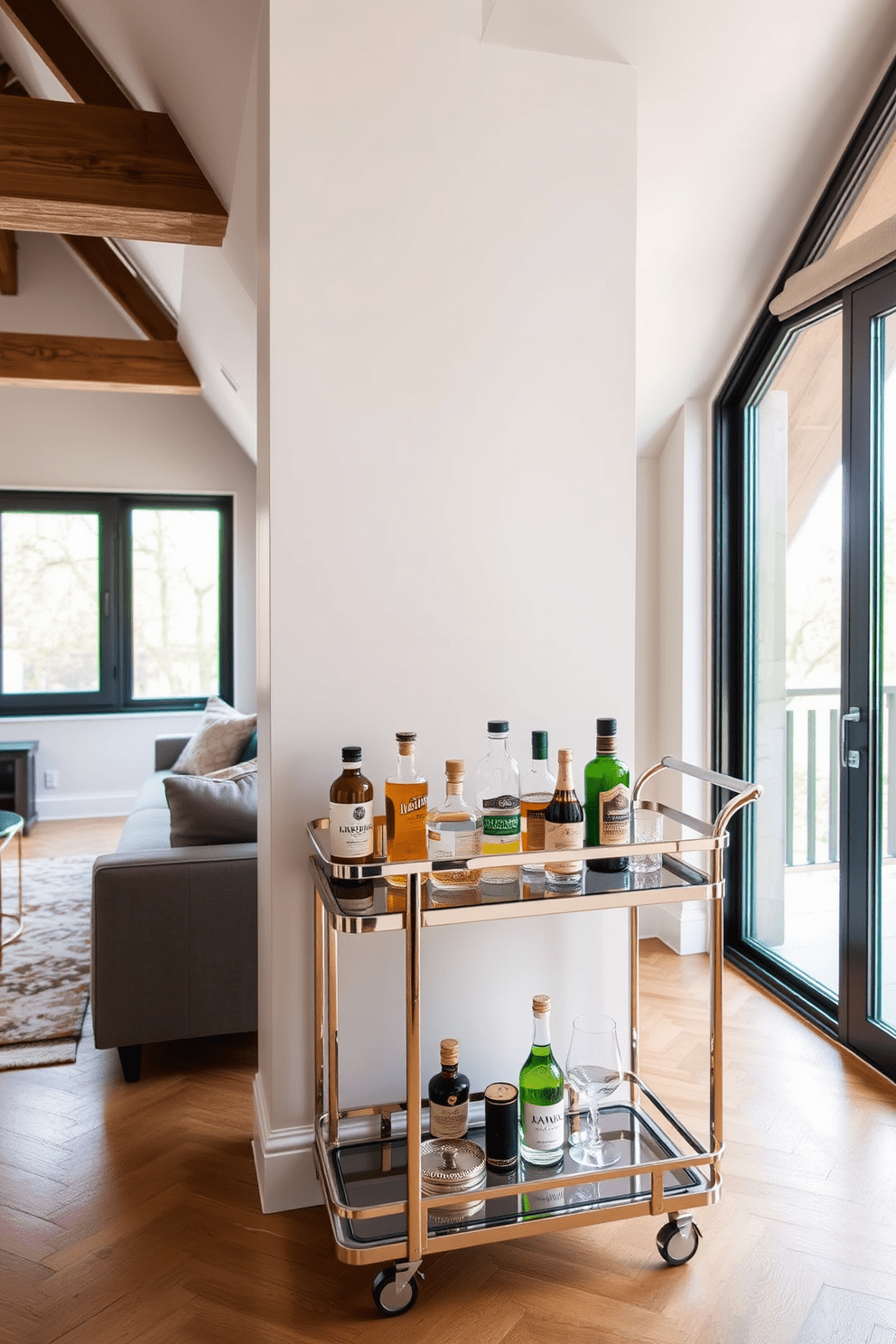 A chic bar cart is elegantly positioned in the corner of a stylish living room. The cart features a sleek metallic frame with glass shelves, adorned with an array of premium spirits and decorative glassware. The attic apartment design showcases a cozy yet modern aesthetic. Exposed wooden beams contrast beautifully with soft neutral tones and large windows that flood the space with natural light.