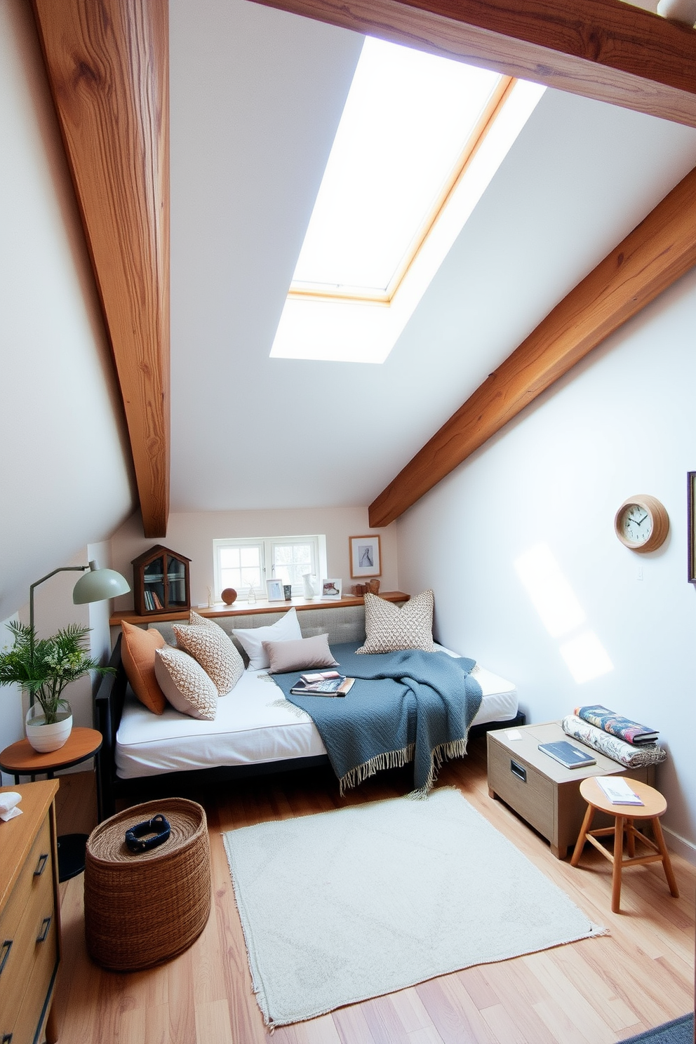 A cozy attic apartment designed with a modern aesthetic. The space features a stylish daybed that serves as both a seating area and a sleeping space, adorned with plush cushions and a soft throw blanket. Natural light floods the room through skylights, highlighting the exposed wooden beams and creating a warm atmosphere. The walls are painted in a soft white, complemented by a mix of contemporary furniture pieces and vintage accents for added character.